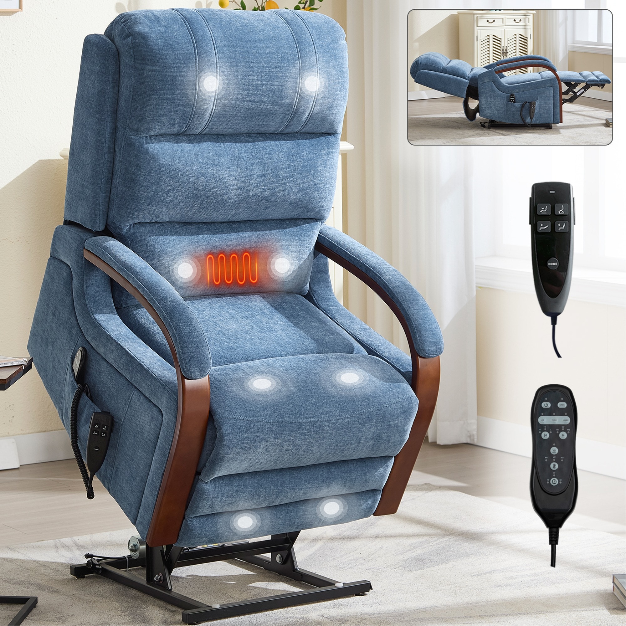 HyperDrop Cart Chenille Power Lift Recliner Chair Dual Motor Infinite Position Heat Massage Solid Wood Armrests