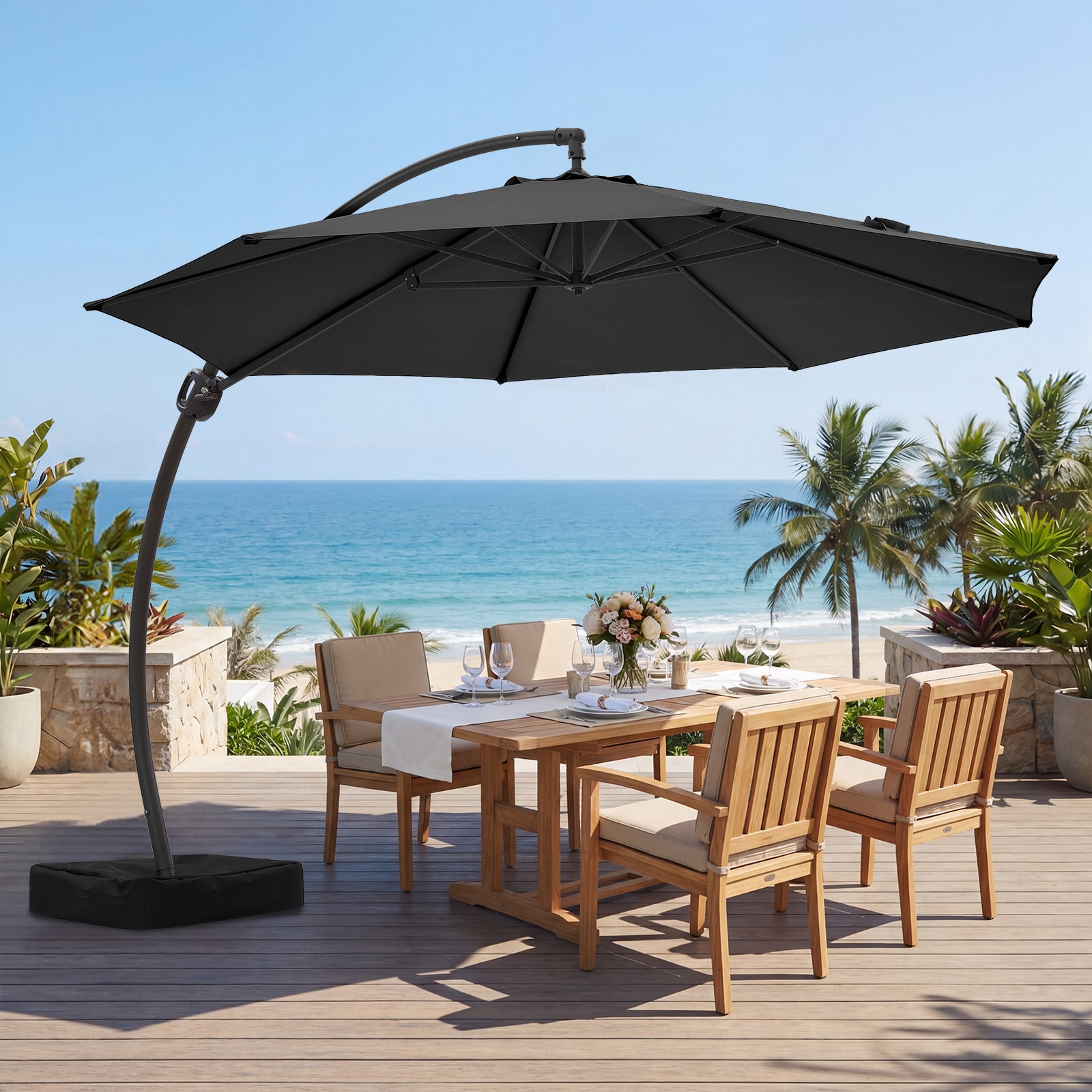 JEAREY 11-ft Aluminum Gray Crank Cantilever Patio Umbrella with Base Polyester one_size | ZJGLZDTY-02-KH
