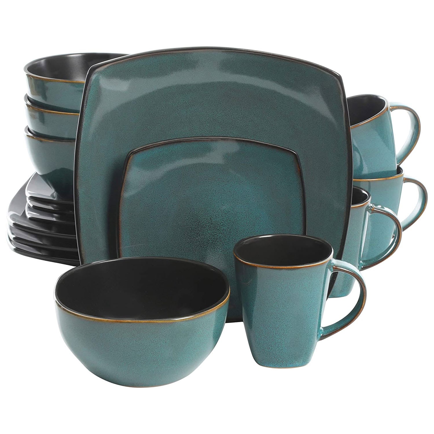 Gibson 244908 Elite Soho Lounge 16 Piece Reactive Glaze Durable Microwave and Dishwasher Safe Plates Bowls and Mugs Dinnerware Set Teal