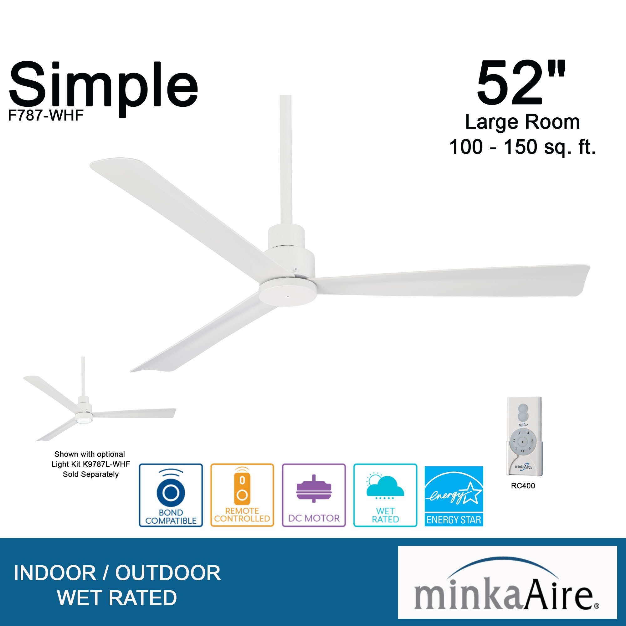 Minka Aire Simple 52-in Flat White Indoor/Outdoor Ceiling Fan with Remote  (3-Blade) in the Ceiling Fans department at