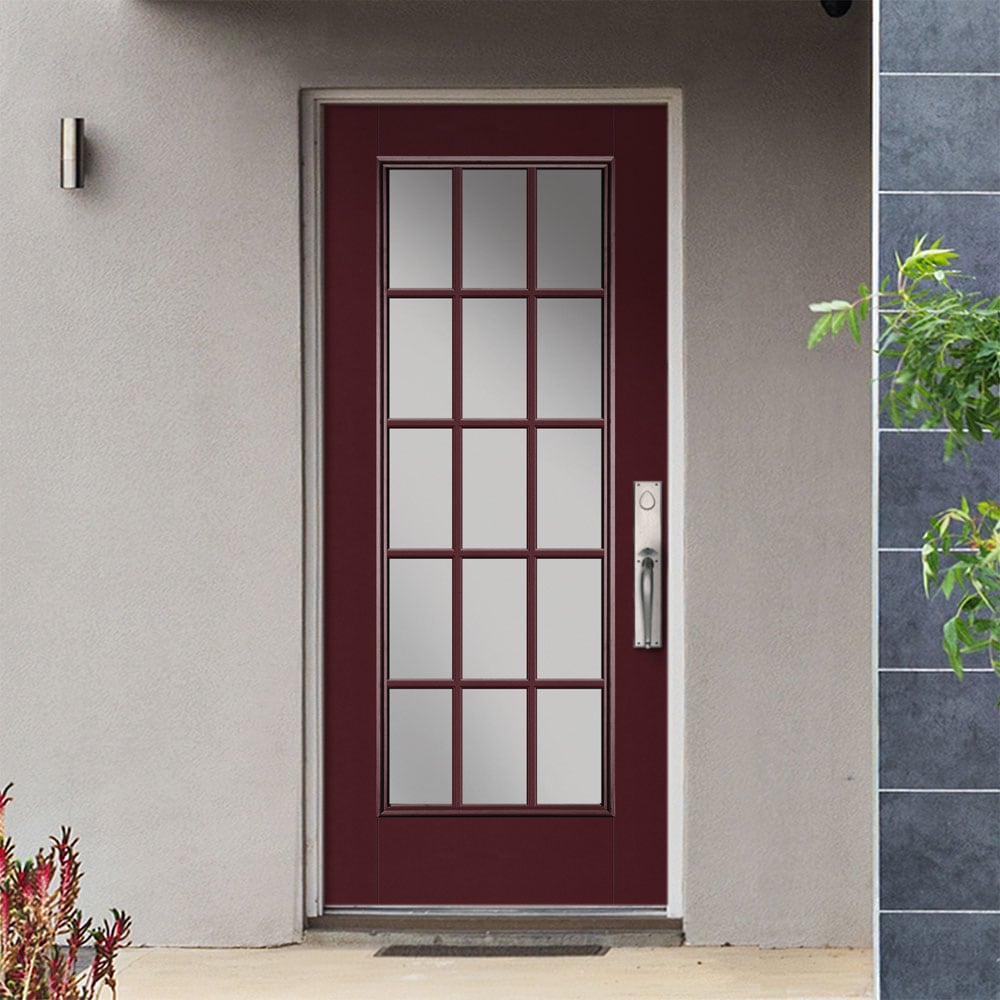 Masonite 1218827 36-in x 80-in x 4-9/16-in Fiberglass Full lite Left-hand inswing Currant Painted Prehung Front Door with Brickmould Insulating core with Grilles