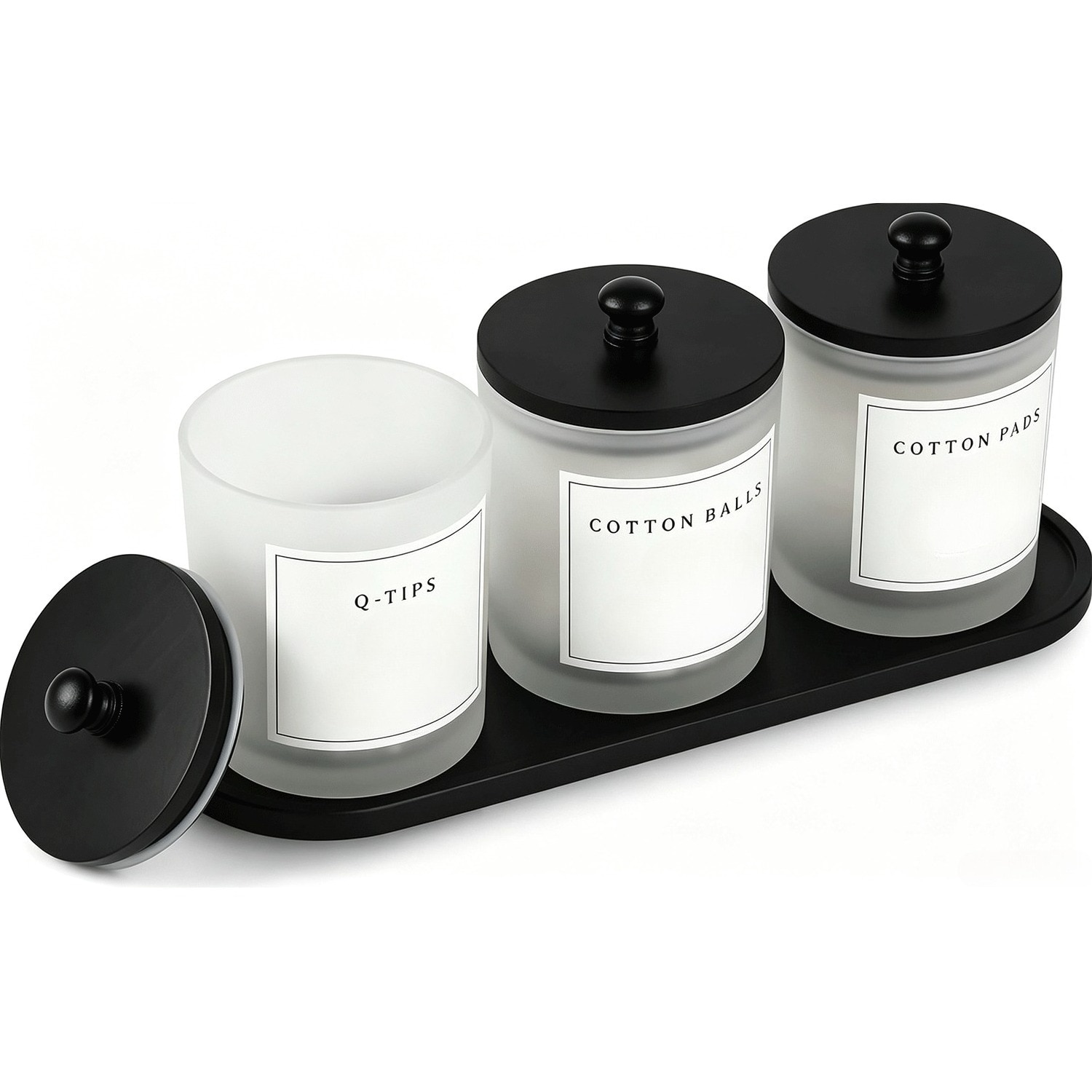 Sggvecsy 3Pack Glass Apothecary Jars with Lids Cotton Swab Ball Holder Dispensers with Tray for Bathroom Storage