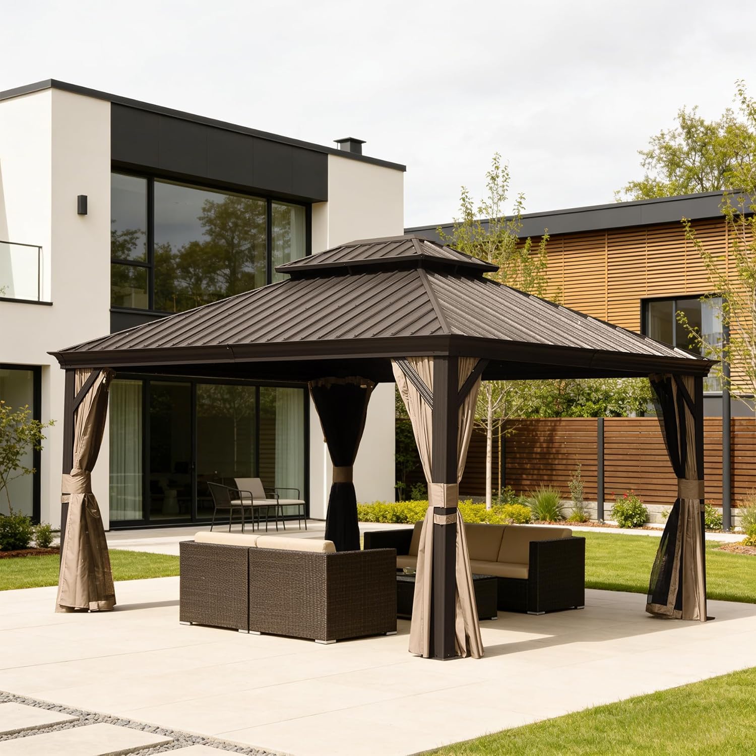 Mondawe - 11-ft x 13-ft Hardtop Roof Steel Gazebo (Screen Included)