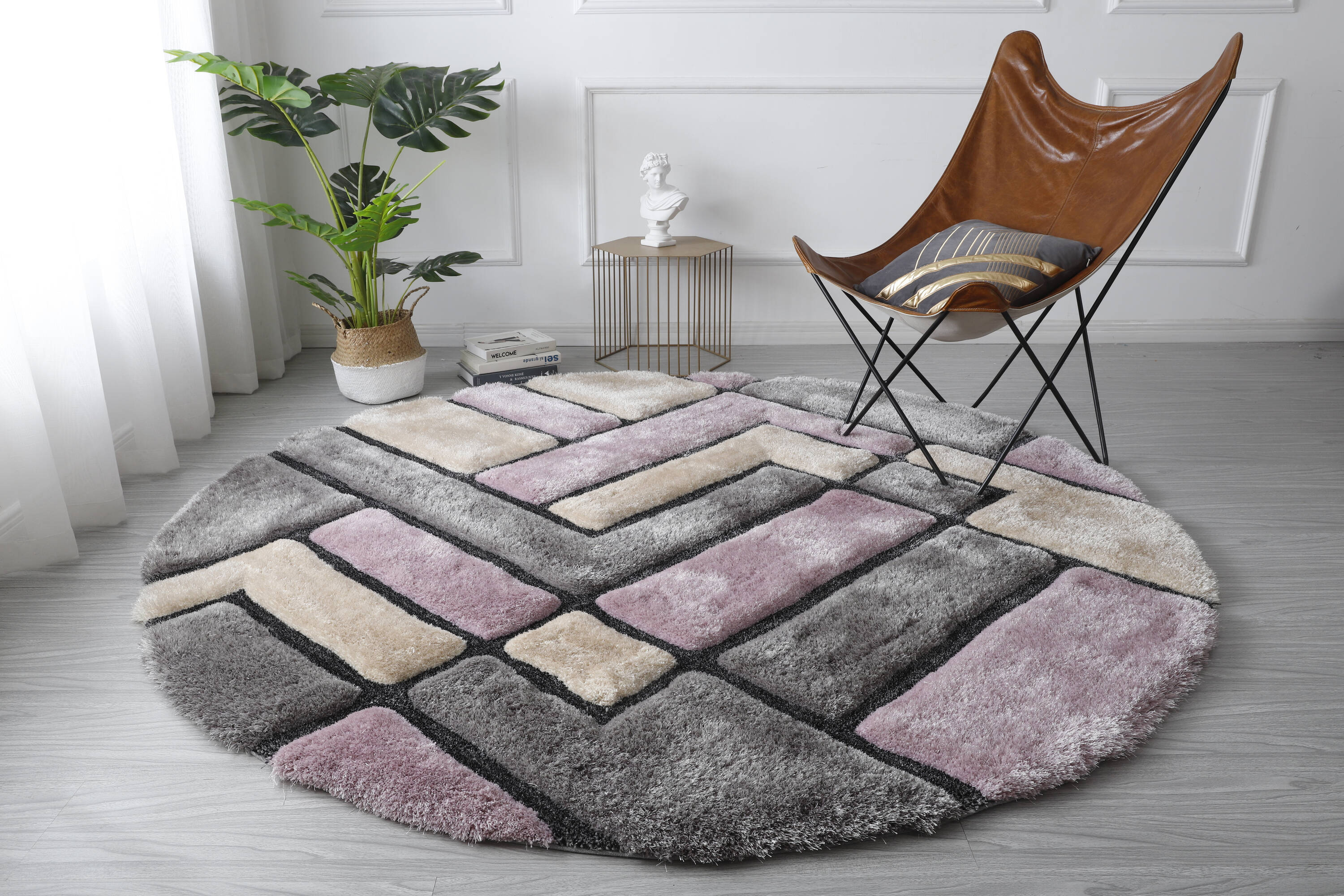MDA Rugs MS4677 Mateos 7 x 7 (ft) Polyester Gray and Pink Round Indoor Geometric Area rug