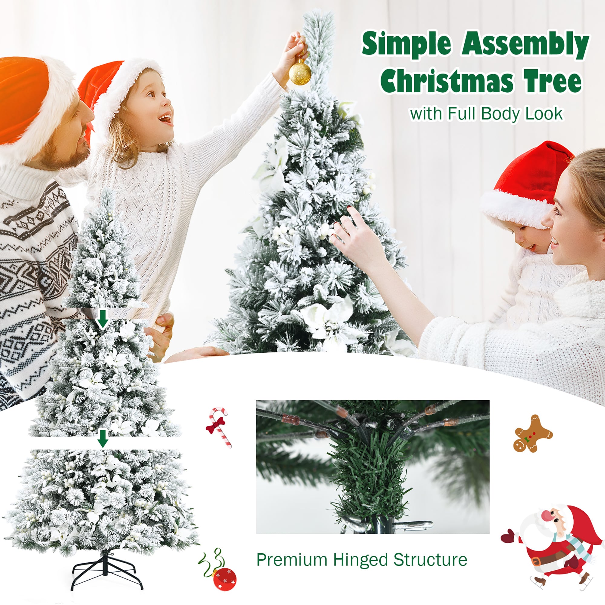 7-Foot Snow Flocked White Artificial Christmas Tree with Berries and Poinsettia Flowers