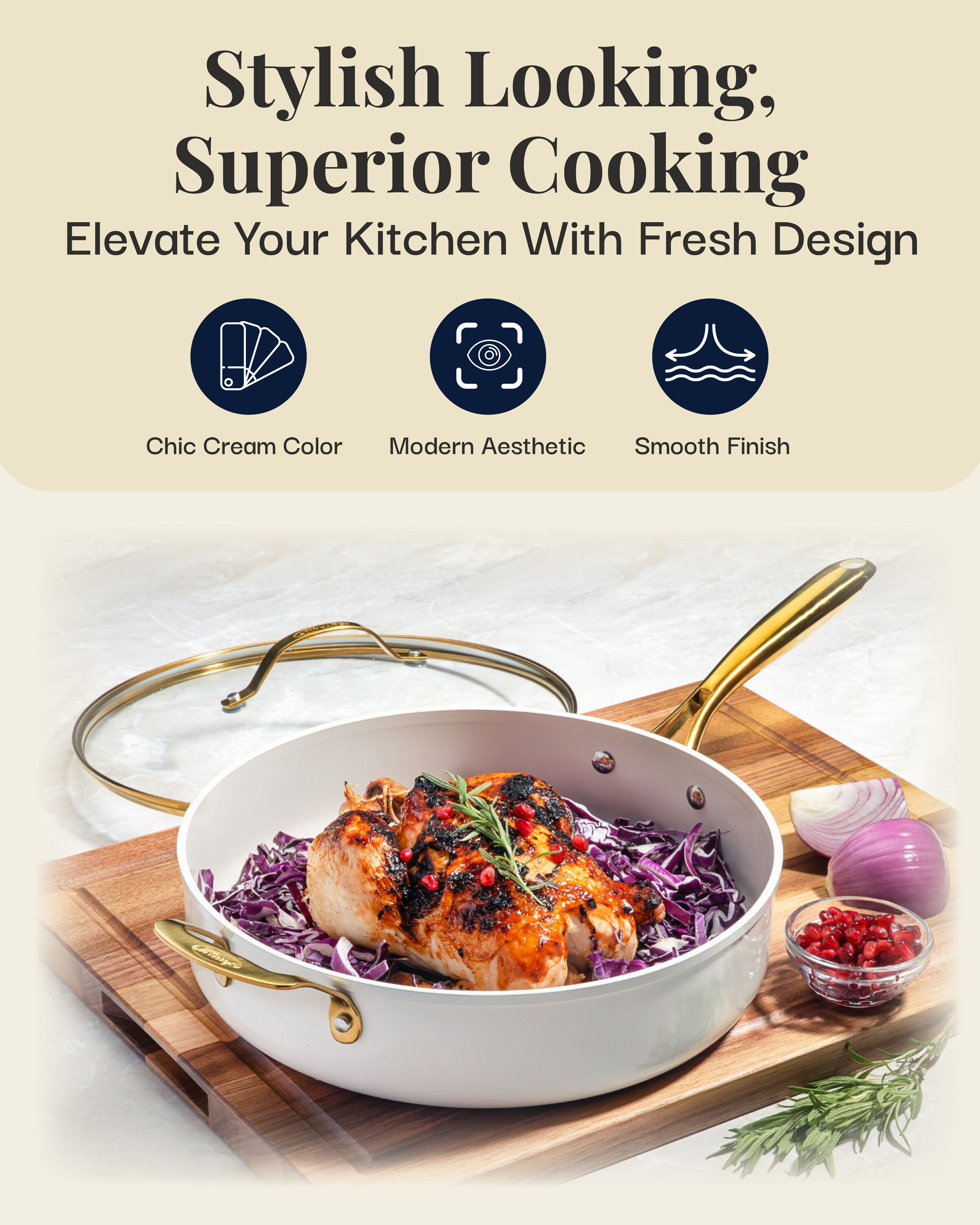 Cream 5.5 Qt Nonstick Ceramic Jumbo Cooker with Gold Handles