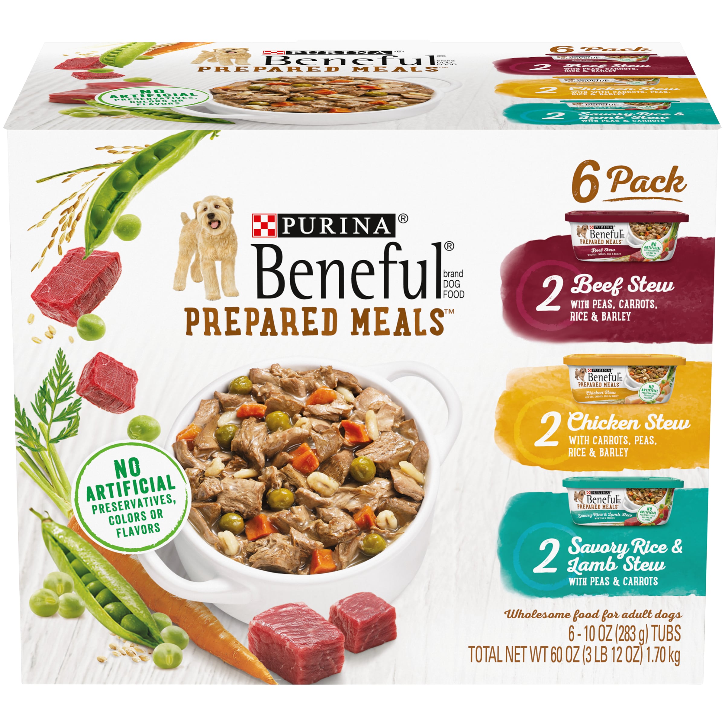 Nestle Purina Beneful Prepared Meals Variety Pack 6/10 oz - 2 Beef Stew, 2 Chicken Stew, 2 Lamb/Rice Stew - Adult Dog Food - Made in USA - Real Meat -  001780018805