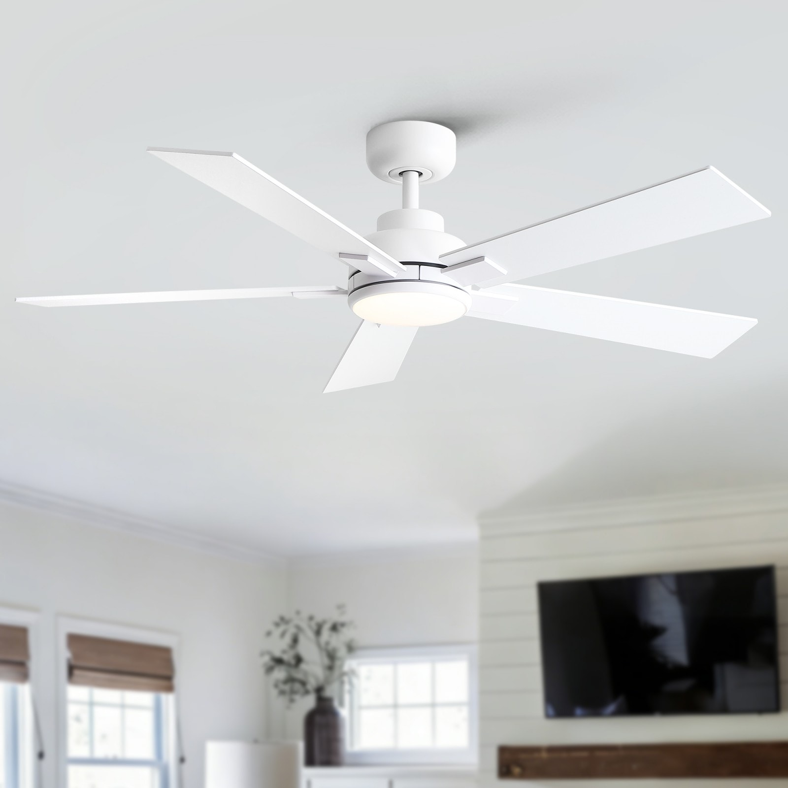 GlasFlength  52-Inch Matte White Modern Dimmable Integrated LED Ceiling Fan with Light Reversible Motor and Remote Control for Living Room Bedroom Indoor Spaces