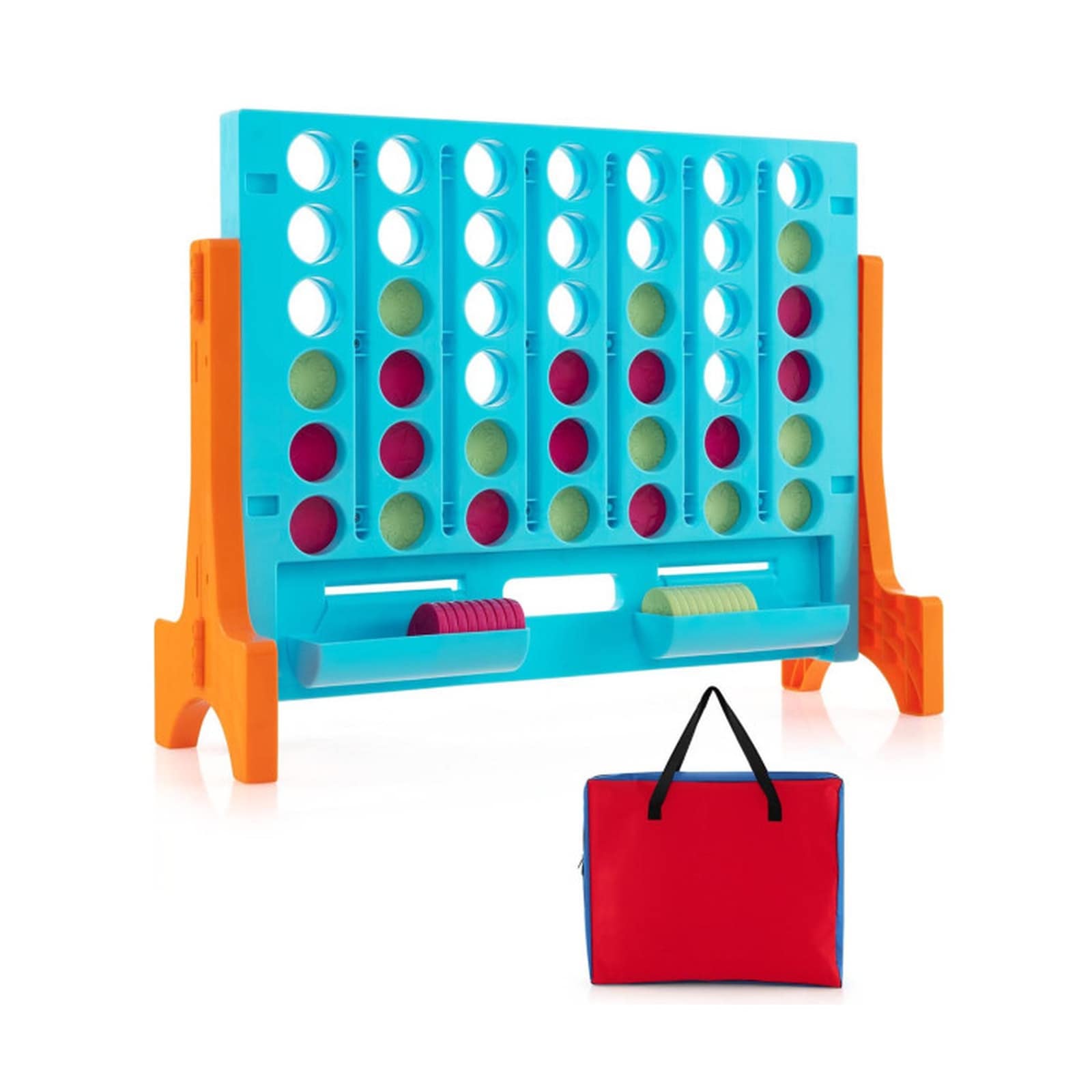 SUGIFT Jumbo 4 to Score Connect Game Set with 42 Coins Carrying Bag and 2 Storage Pouches Wall Mount or Tabletop PP ABS Build ASTM CPSIA Certified for Family Game Night and Parties Indoor Outdoor Orange