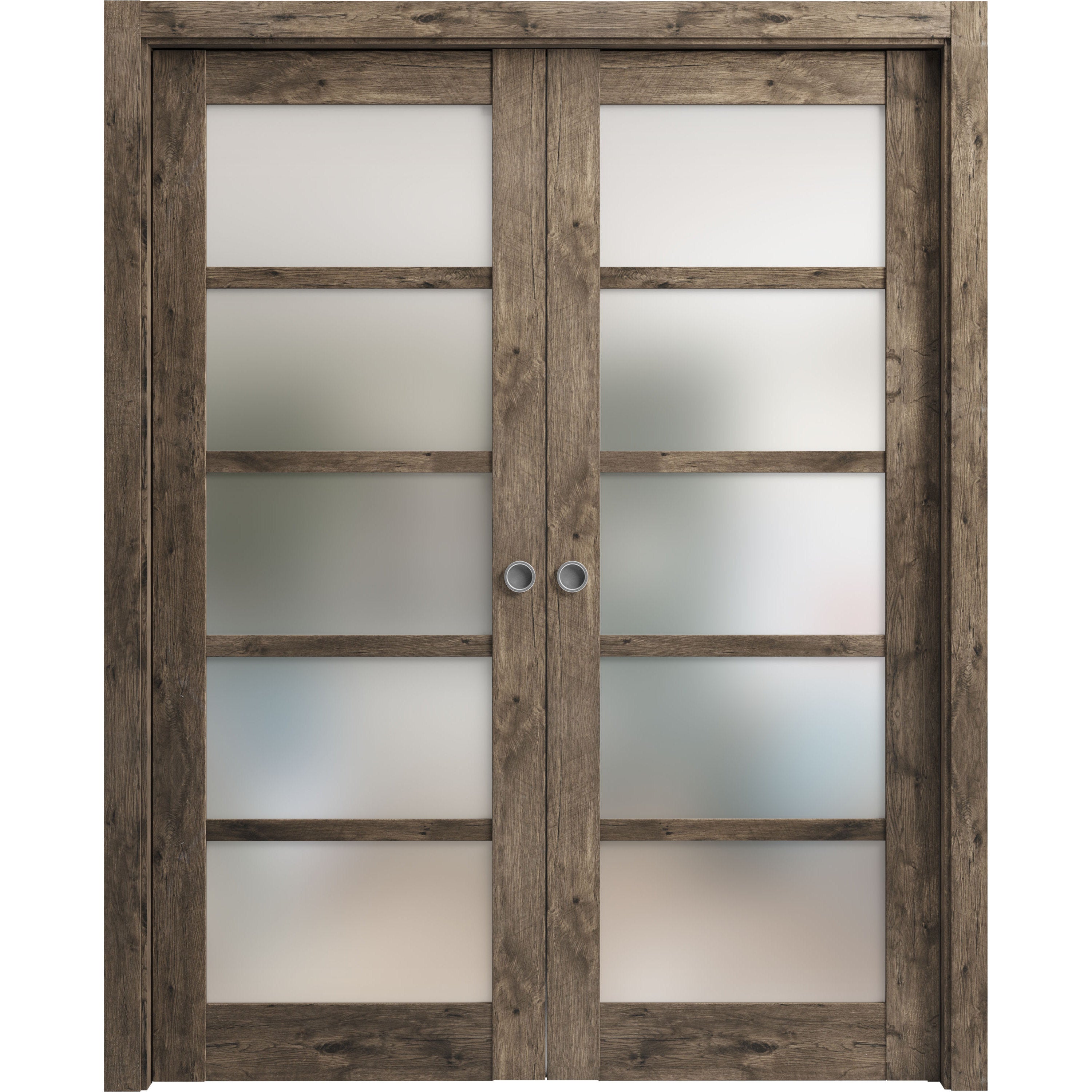 SARTODOORS Sliding French Double Pocket Doors Frosted Glass - Quadro 4002 Cognac Oak - Kit Trims Rail Hardware - Solid Wood Interior Bedroom Sturdy Doors-64 x 96 (2x 32x96)
