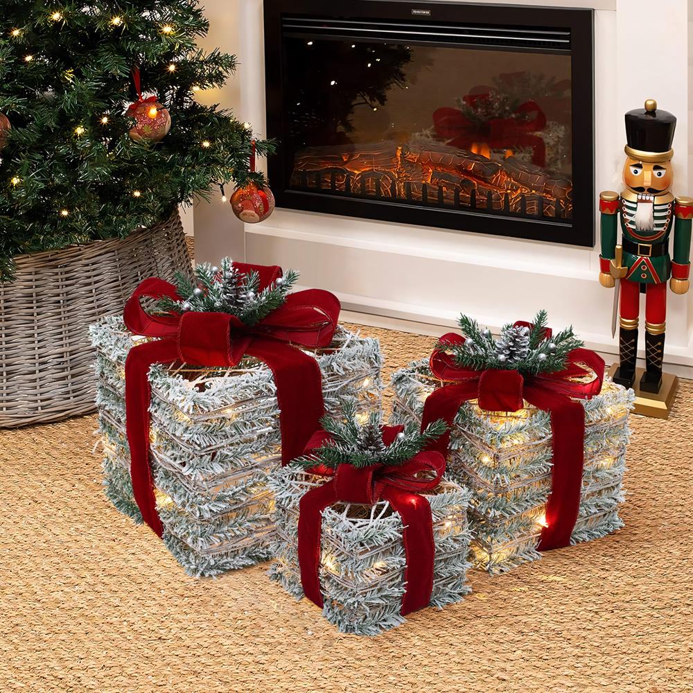 Frosted Faux Cedar Branch Giftbox Set with Lights