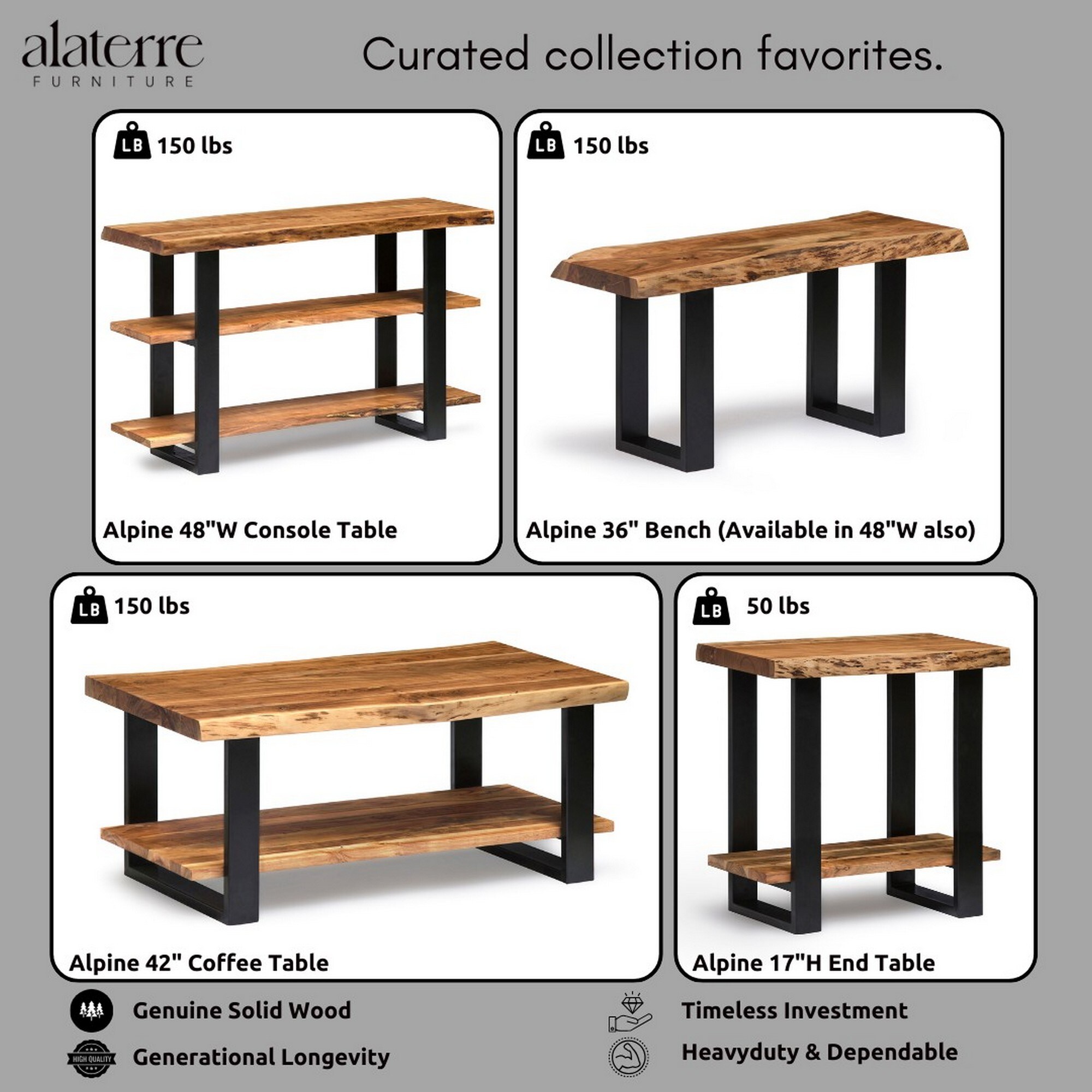 Alpine Natural Acacia Wood Live Edge End Table with Black Metal Legs