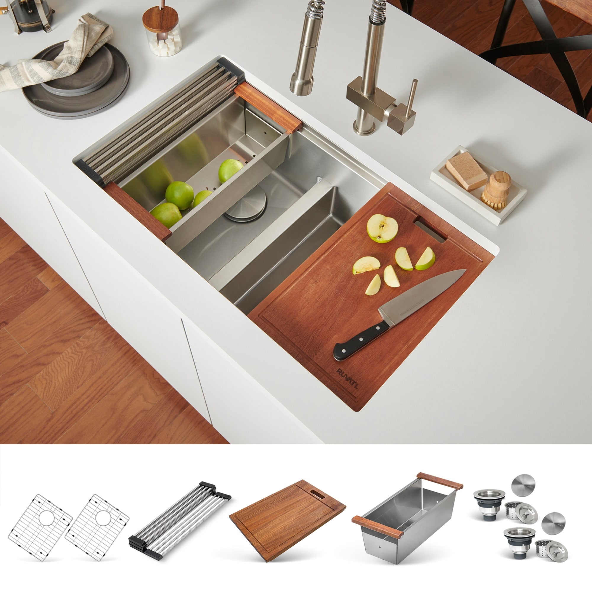 Ruvati Roma Undermount 33-in x 19-in Stainless steel Double equal bowl 16 -Gauge Workstation Kitchen Sink