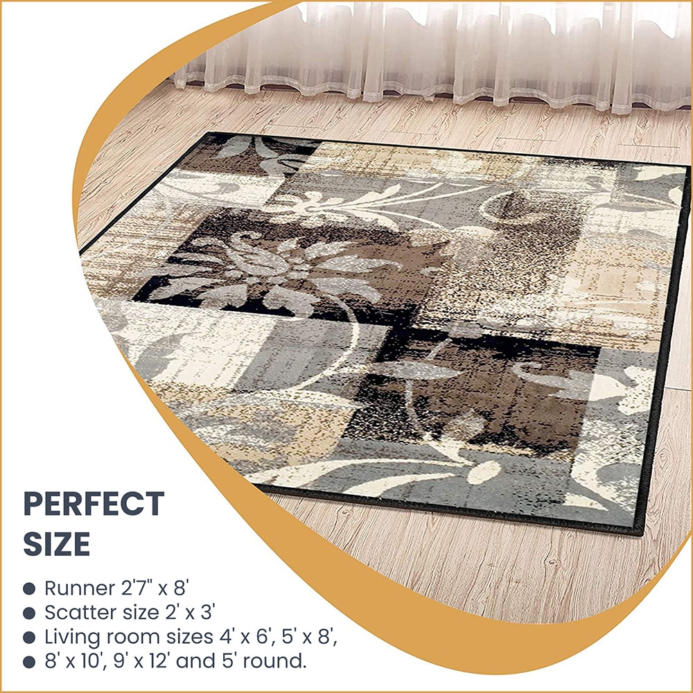 Beige Floral Patchwork Low Pile Area Rug, 6' x 9'