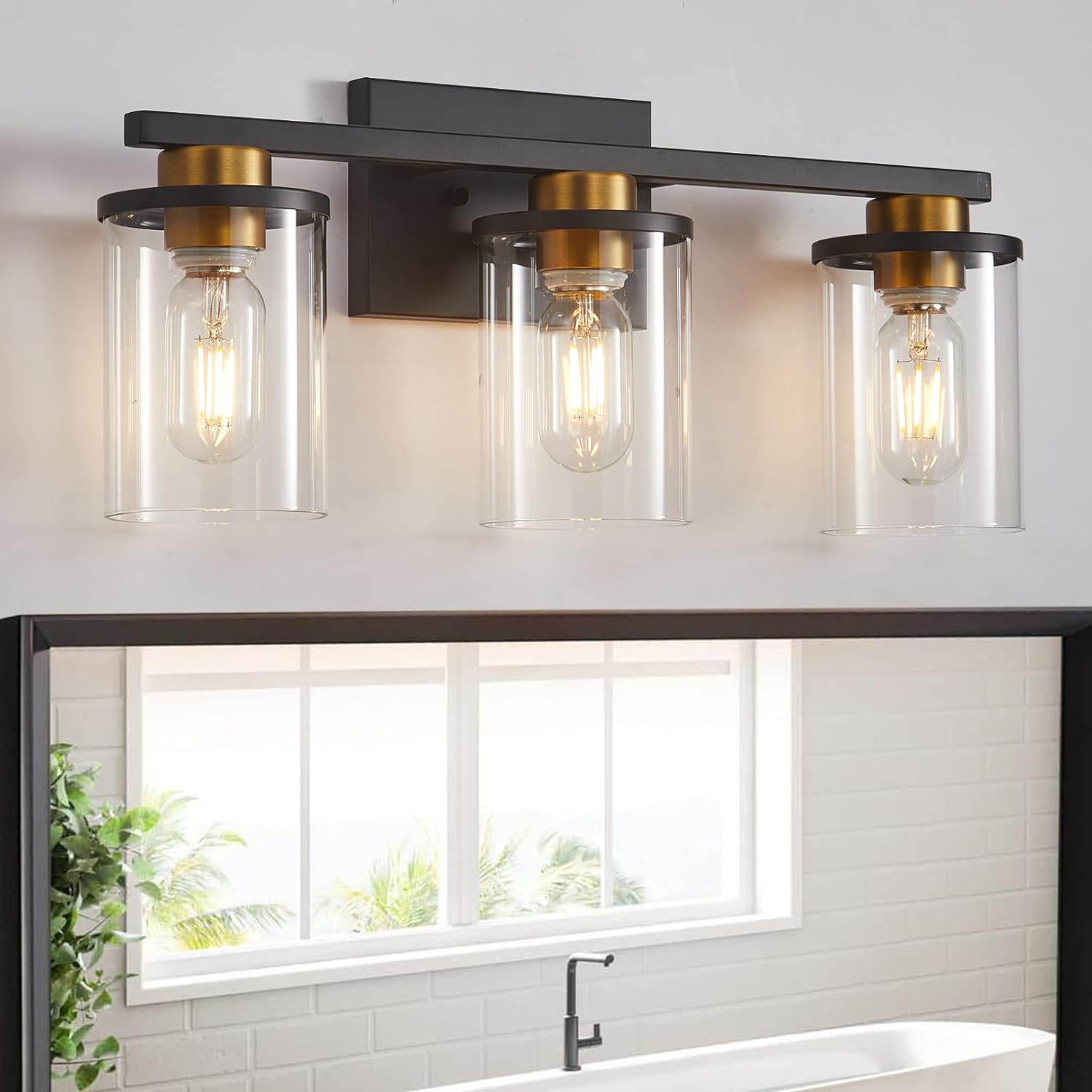 Fylbinye 201-6QX Black and Gold Bathroom Vanity Light With Shade 17.3-in 3 -Light Matte Black Modern/contemporary Vanity light