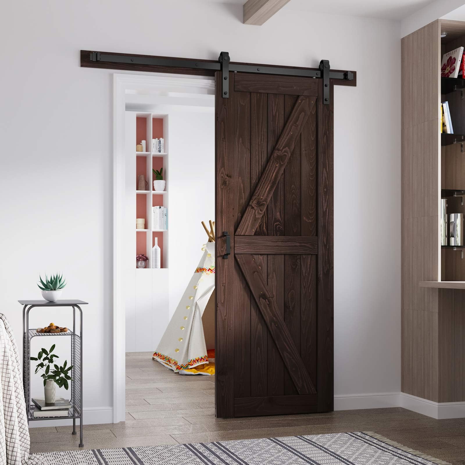 Anqtovp  30in by 84in Brown Barn Door with 5ft Barn Door Hardware Track Kit and Handle Included Double Surfaces Simple Assembly K Frame Coffee