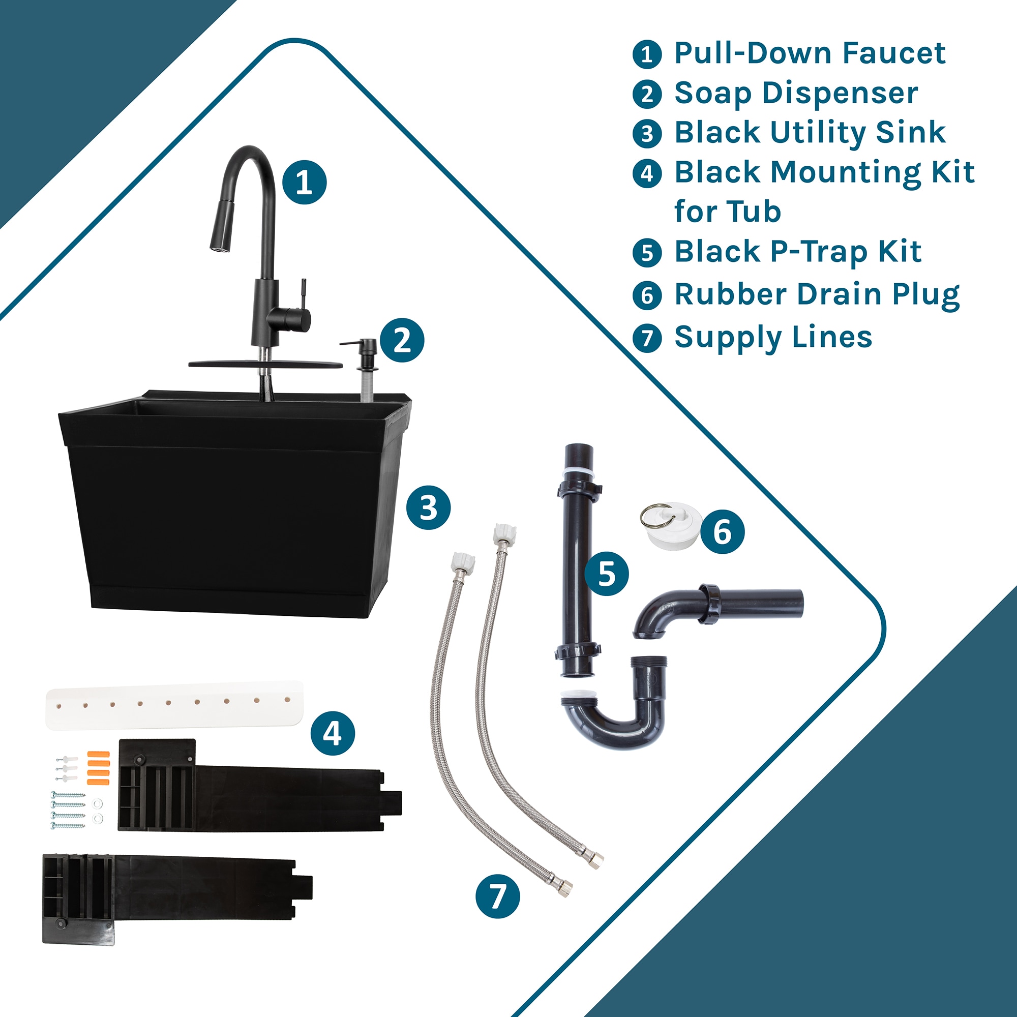 Black Wall Mount Utility Sink with Pull-Down Faucet