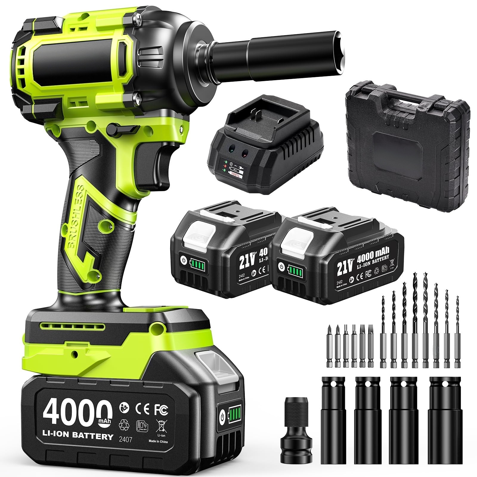 Cordless Impact Wrench 590Ft-lbs 800N.m Brushless 1/2 inch 2800RPM High Torque Impact Gun with 2x 4.0Ah Battery Charger and 4 Sockets #LS1RK0W