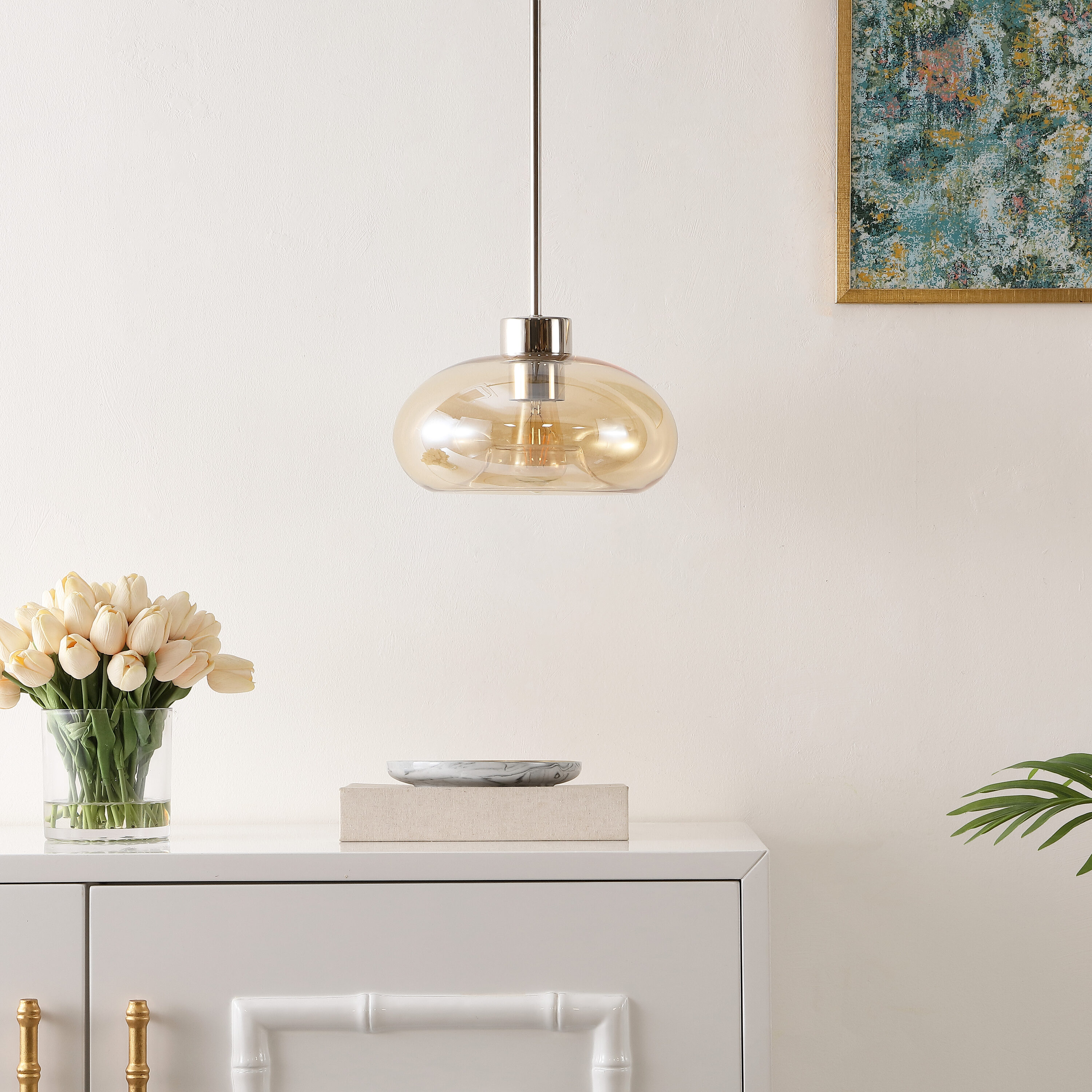 Amber Glass and Nickel Globe Pendant Light with LED