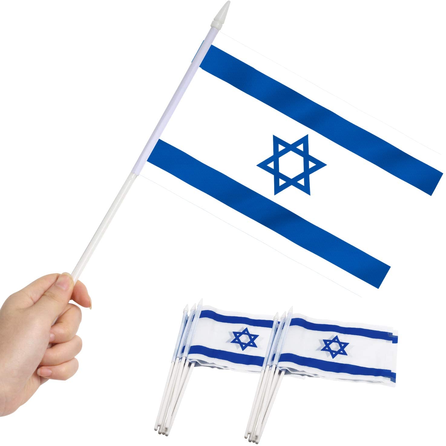 ANLEY 5x8 inch HandHeld Mini Flag With 12 White Solid Pole, (12 PCS) Israel
