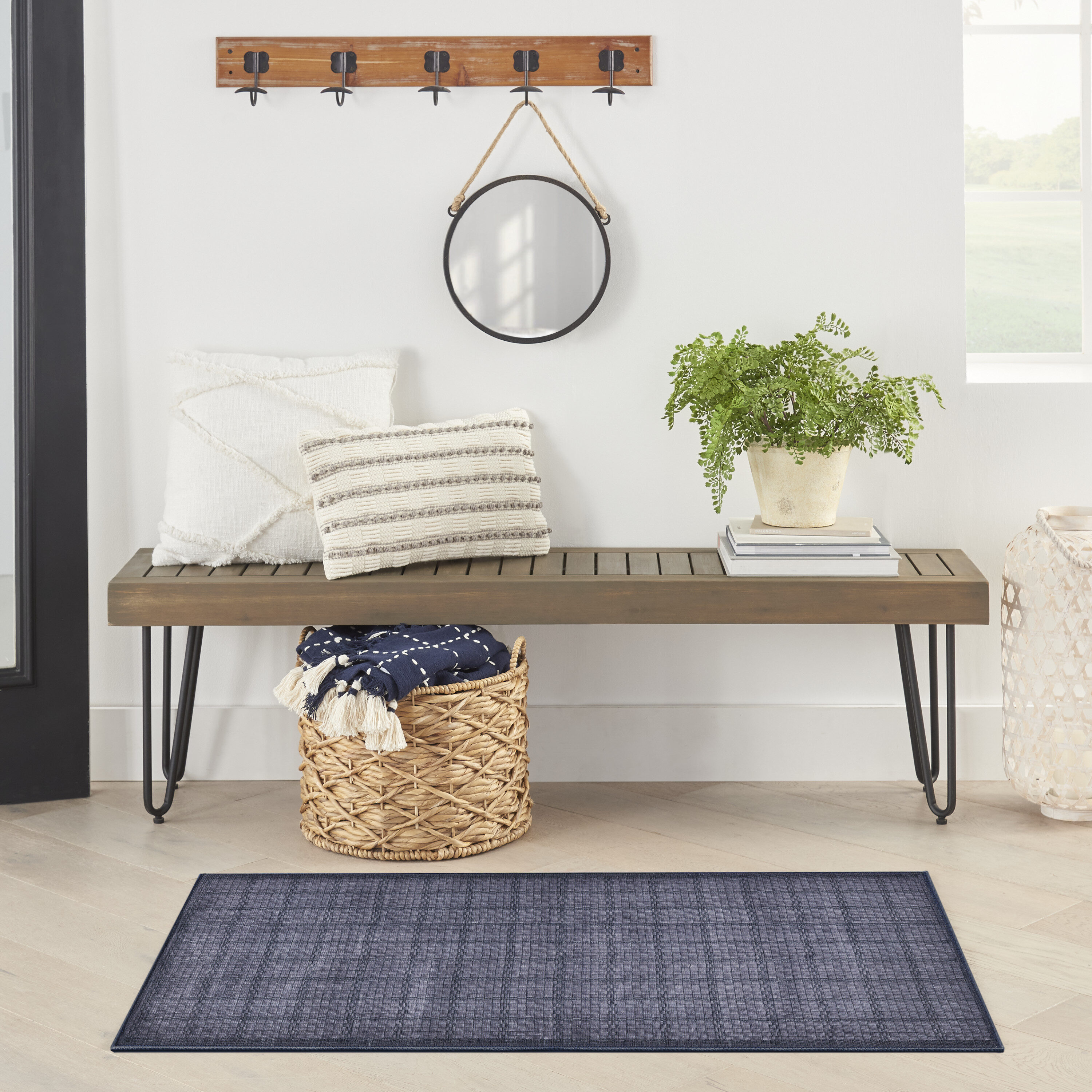 Nourison 099446912770 Washables 3 x 5 (ft) Loomed Polyester Navy Blue Rectangular Indoor Geometric Machine washable Area rug