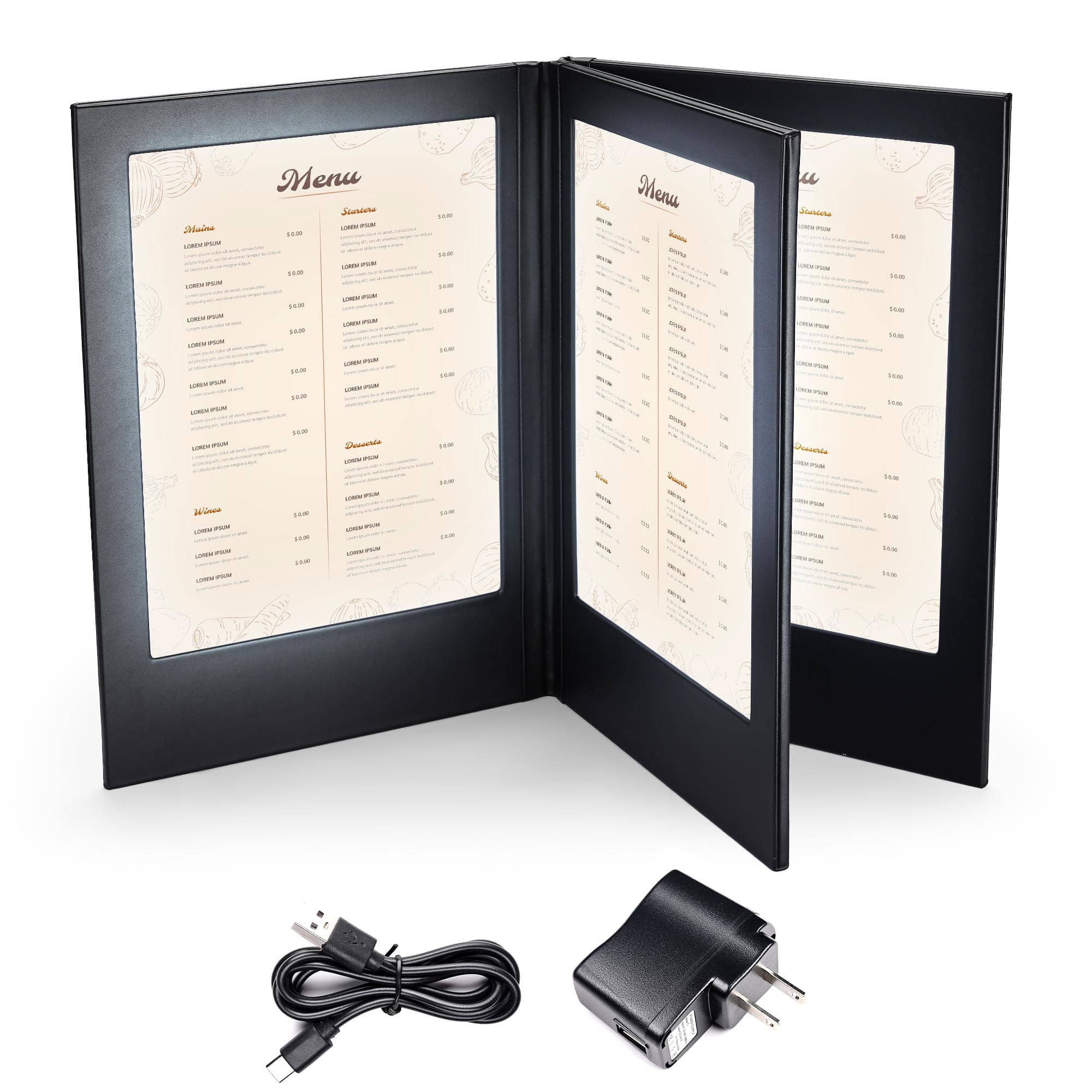 Yescom 26MNC010-4PL8X11-LO WeChef LED Backlit Menu Holder Cover Folding Panel 4 View Fits 8x11IN Paper Club