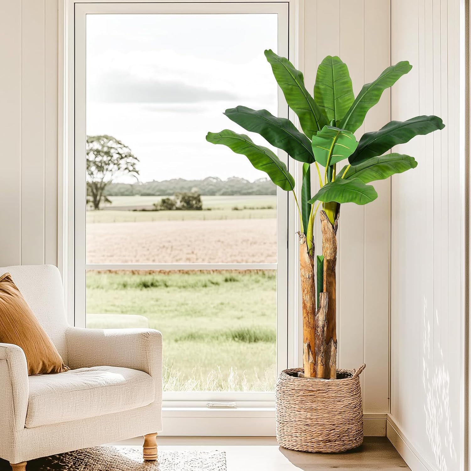 Qeetex LHF-GN-QWP89016 Artificial Banana Tree 5FT Faux Banana Tree with Grey Planter Artificial Plants with 11 Faux Banana Leaves Plant for Home Office Decor