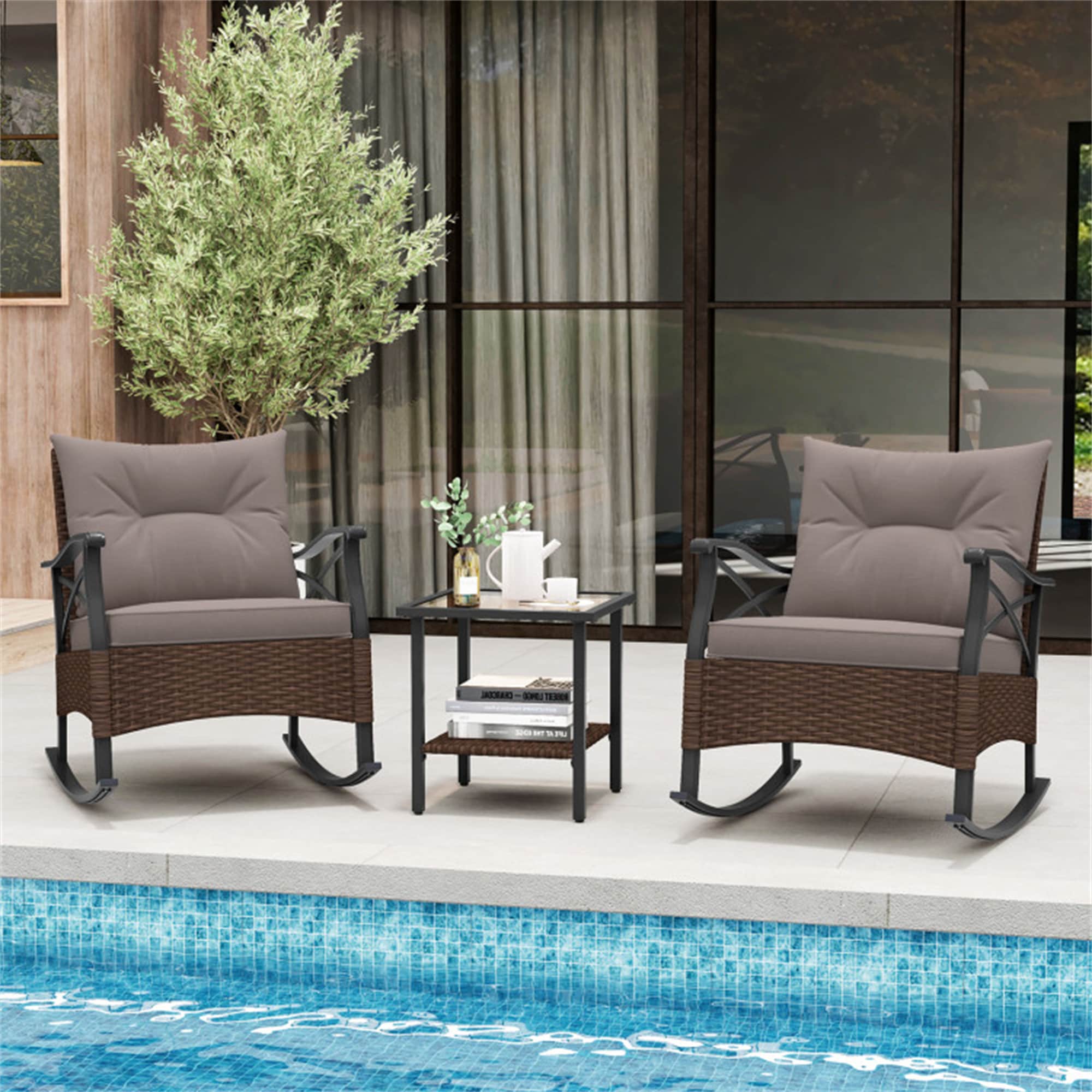 BABOOM BOM-11577BN-OR Outdoor Rattan Rocking Chairs Sets 3 -Piece Rattan Patio Conversation Set with Brown Cushions