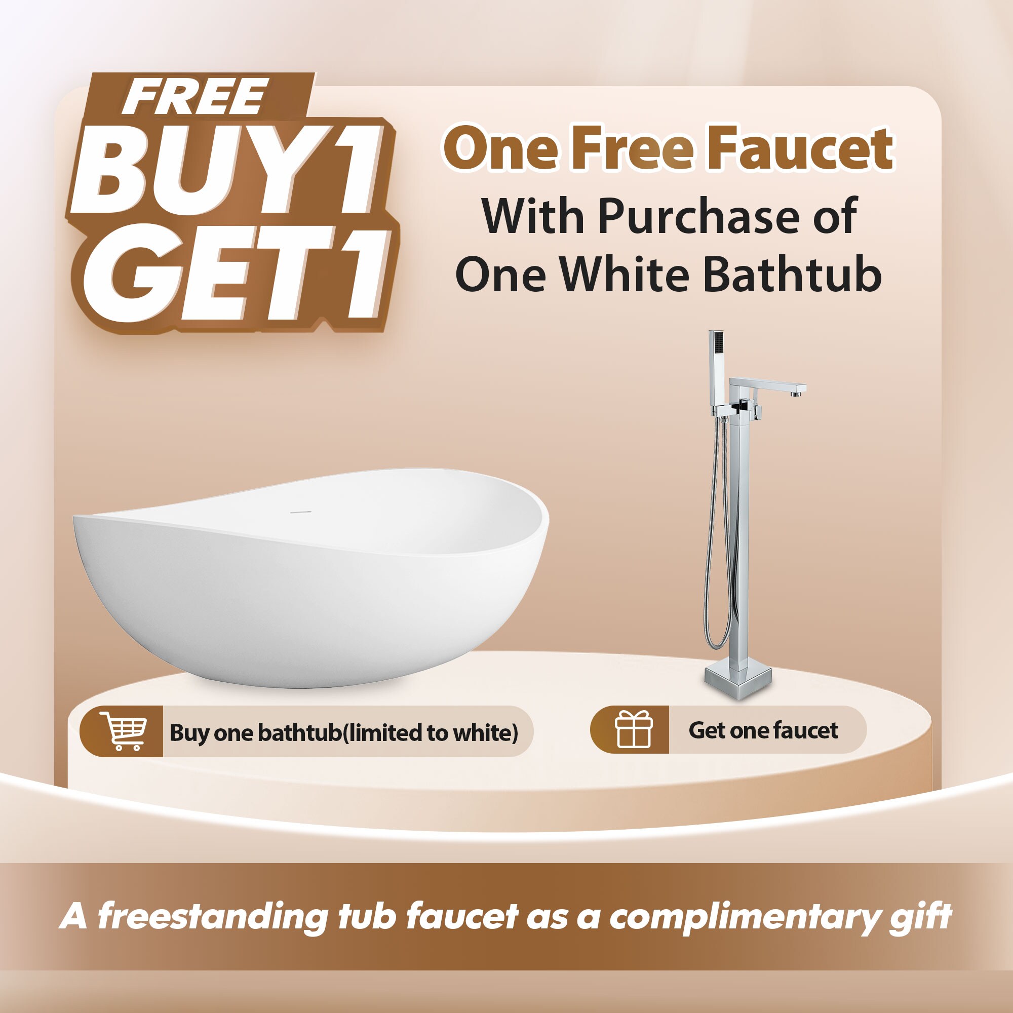 Matte White Solid Surface Freestanding Soaking Bathtub, 63-inch