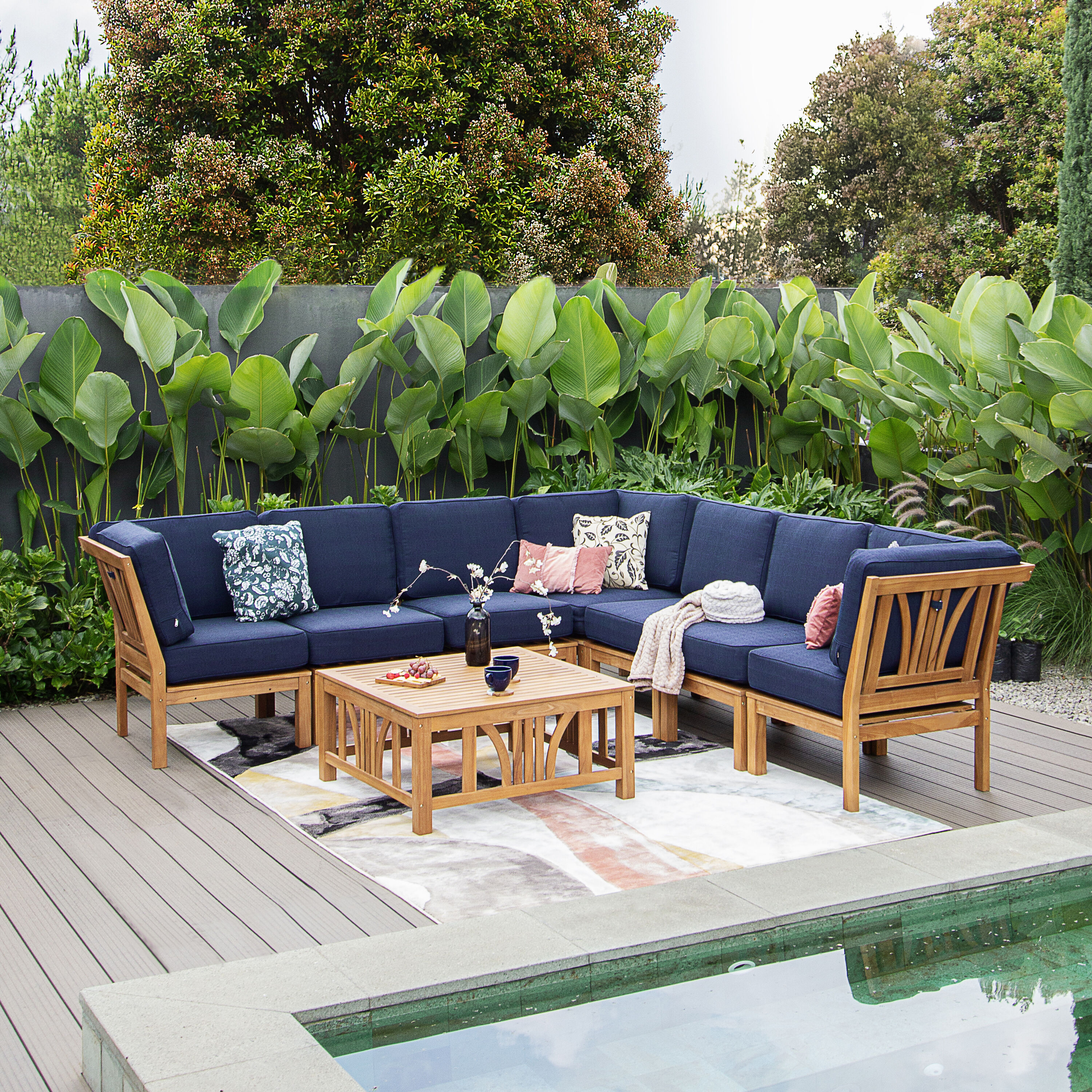 Cambridge Casual 610105-TW-XX-NV-XX Chester Teak Wood 8 -Piece Patio Conversation Set with Navy Cushions
