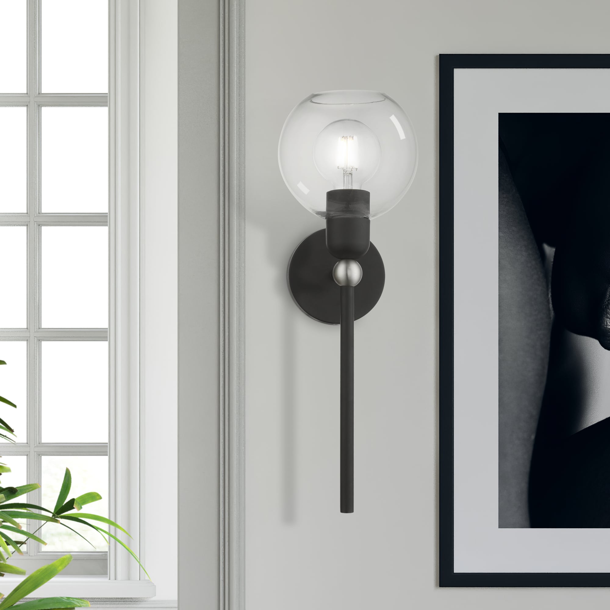 Black and Brushed Nickel 1-Light Sconce with Clear Glass Shade