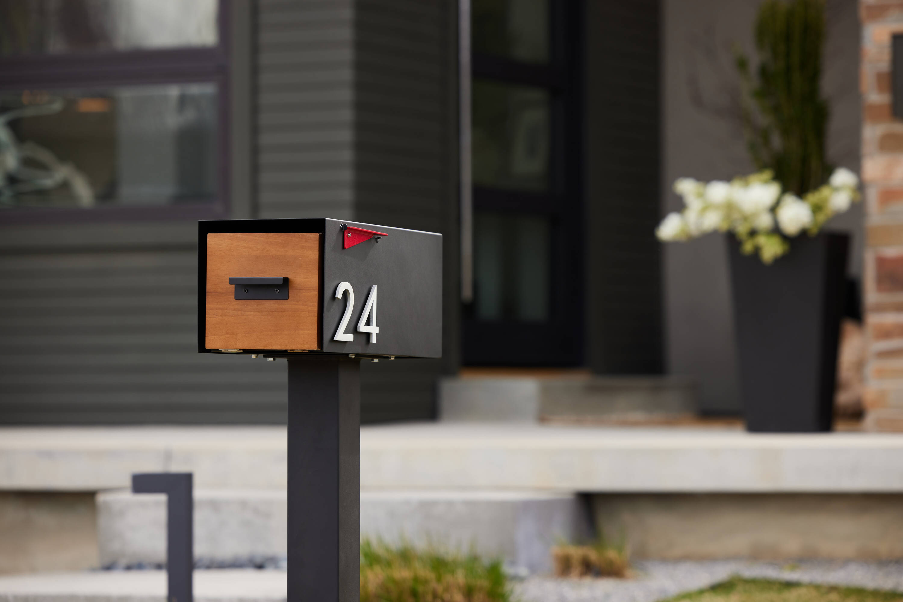 Malone Black Steel Mailbox with Brass Number and Wood-Styled Door