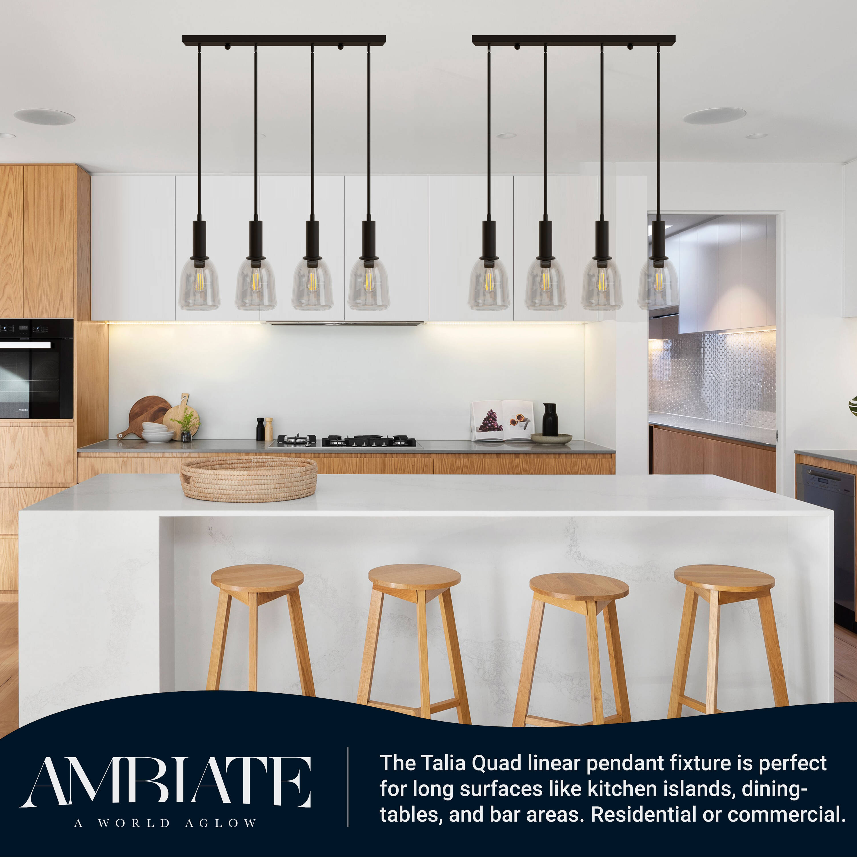 Matte Black Glass 4-Light Linear Pendant Fixture