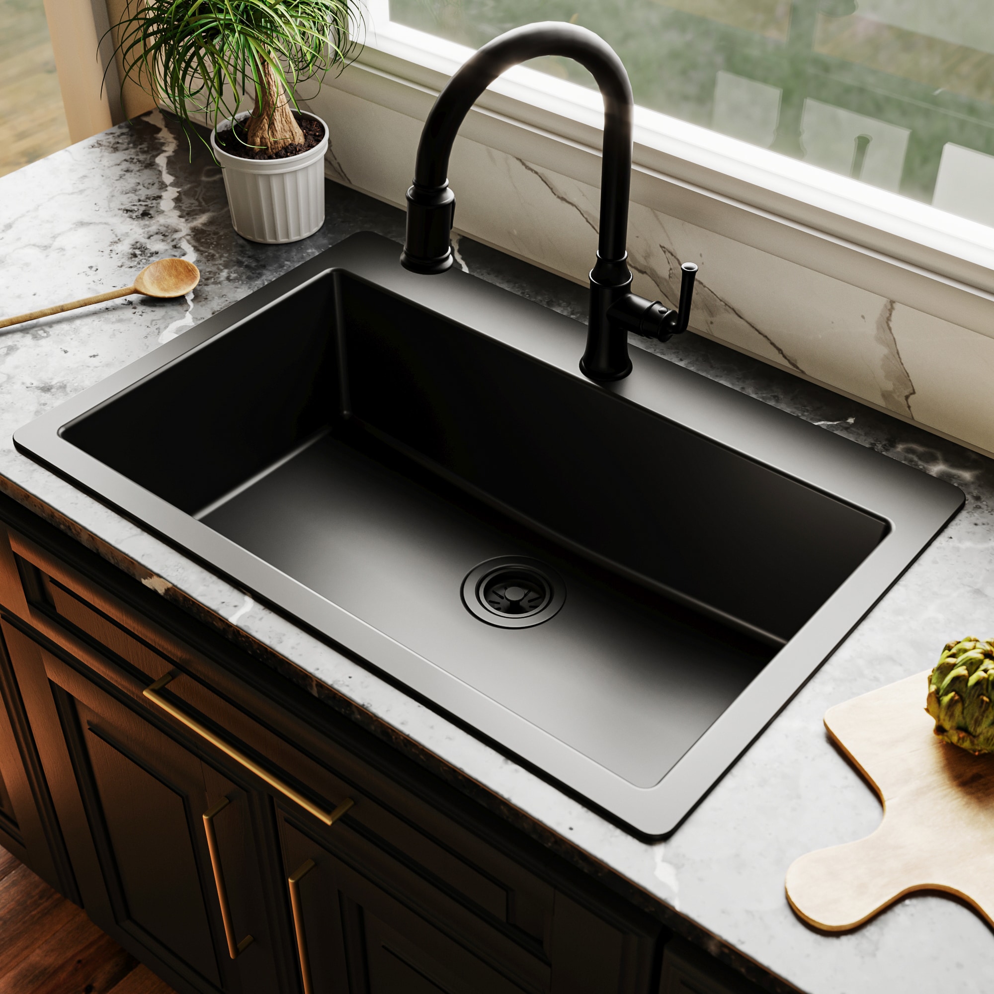 allen + roth GT1012BLK Drop-in or undermount 33-in x 22-in Quartz Single bowl 1-Hole Kitchen Sink