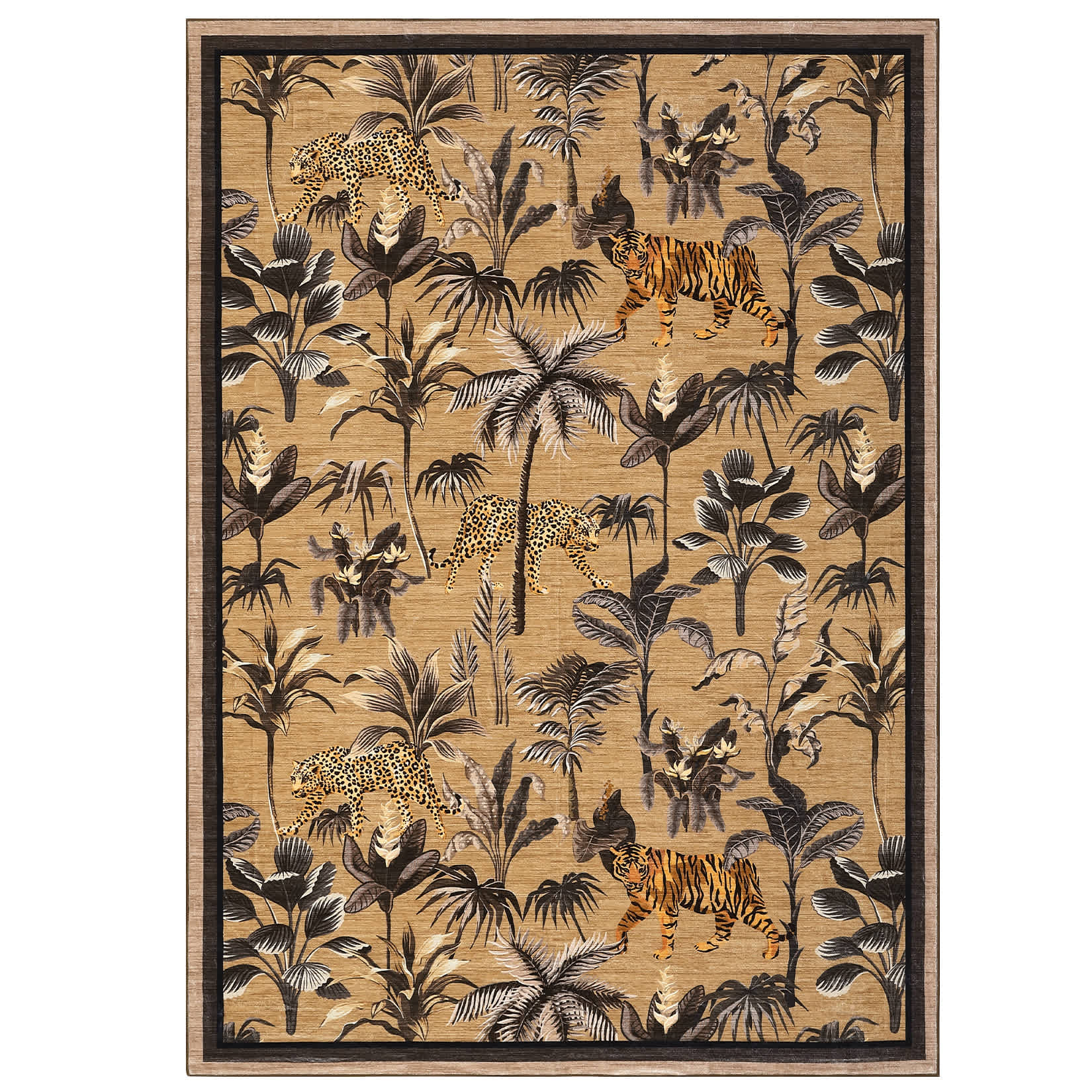Qeetex LSN-PHK-34C6WVRB 9 x 12 ft Polyester Cashmere Imitation Brown Rectangular Hallway Bathroom Entryway Kitchen Office Foldable Jungle Tiger Leopard Printed Modern Washable Area Rug
