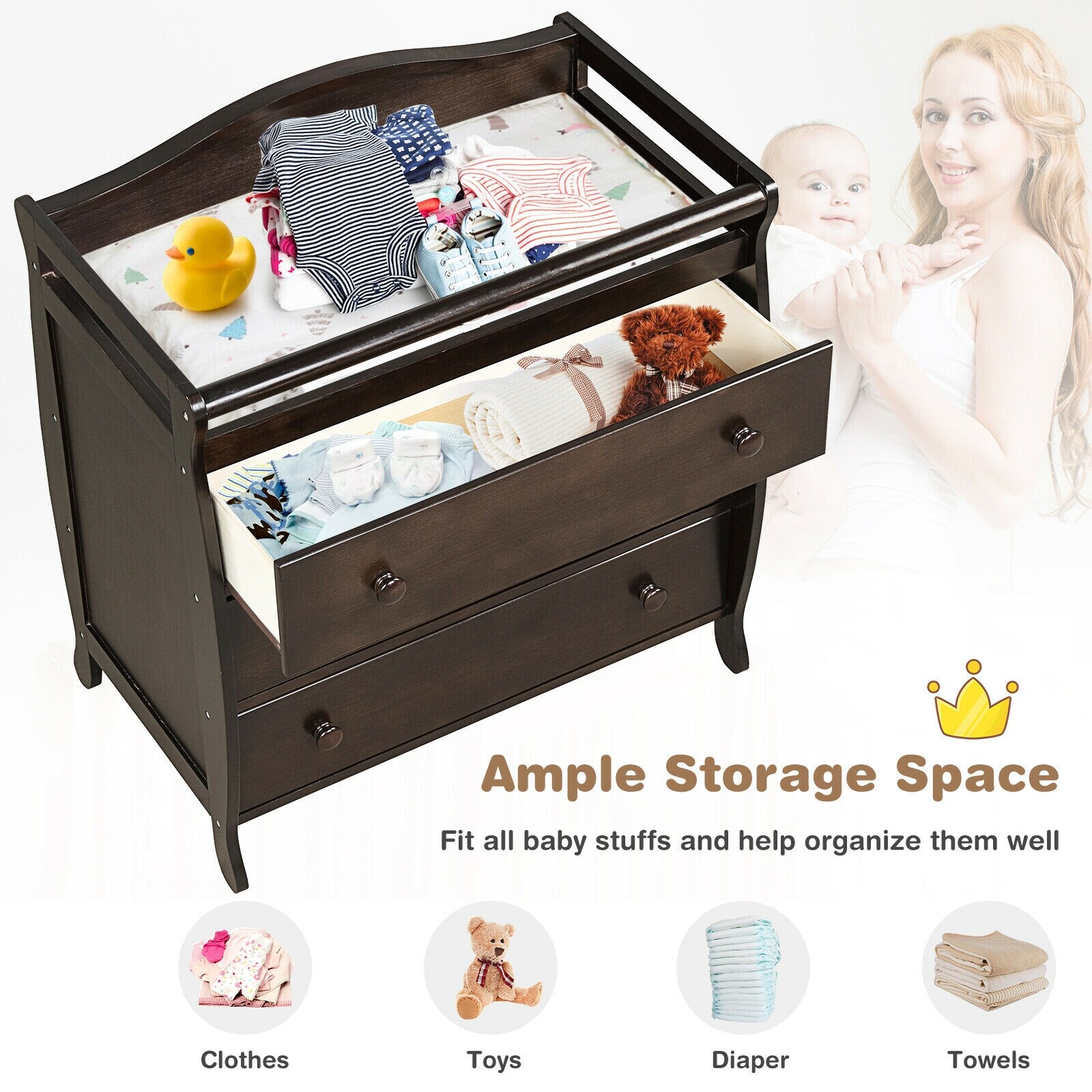 Slickblue Wooden Freestanding Baby Changing Table with 3 Drawers and ...