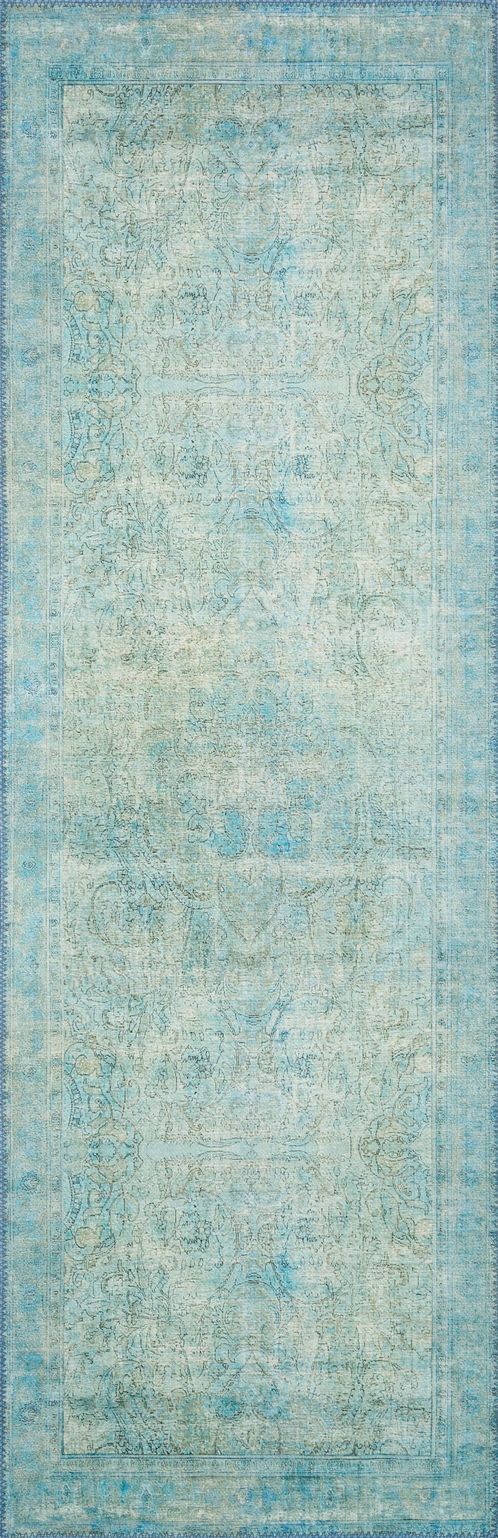 Loloi II LORELQ-08AQ002676 Loren 3 x 8 (ft) Loomed Polyester Aqua Rectangular Indoor Distressed/Overdyed Oriental Area rug