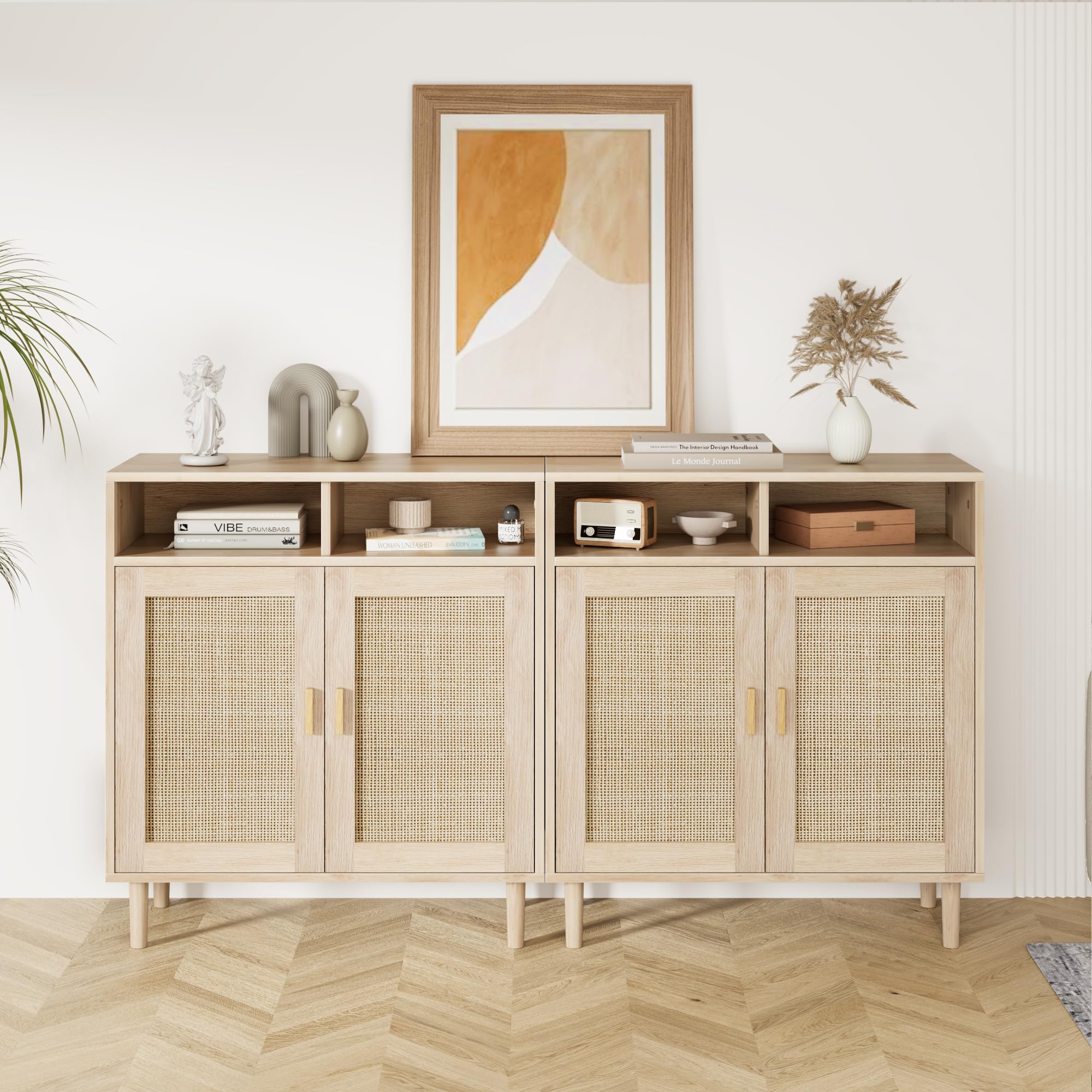 Garvee Rattan Sideboard Buffet Cabinet Set of 2 with Open Shelves #RLBDJRSF13
