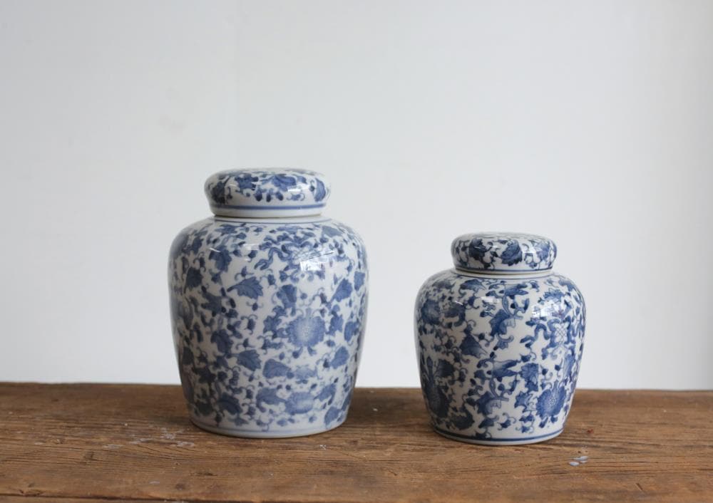 STORIED home Blue and White Ceramic Ginger Jar with Removable Lid