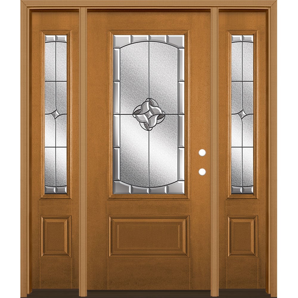 Masonite 3422833 Rozet 60-in x 80-in Fiberglass 3/4 Lite Left-Hand Inswing Oakcrest Stained Prehung Front Door with Sidelights with Brickmould Insulating Core