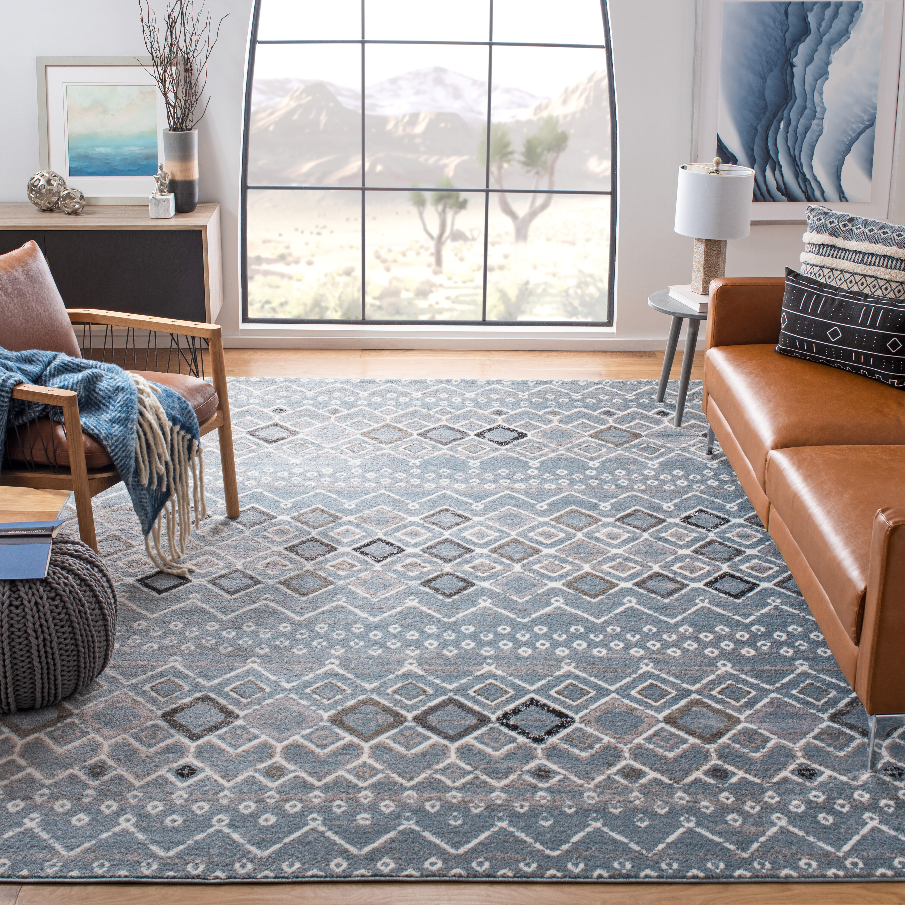 Amsterdam 7 x 9 (ft) Loomed Polypropylene Blue/Ivory Rectangular Indoor Geometric Bohemian/Eclectic Professionally Clean Only Area rug