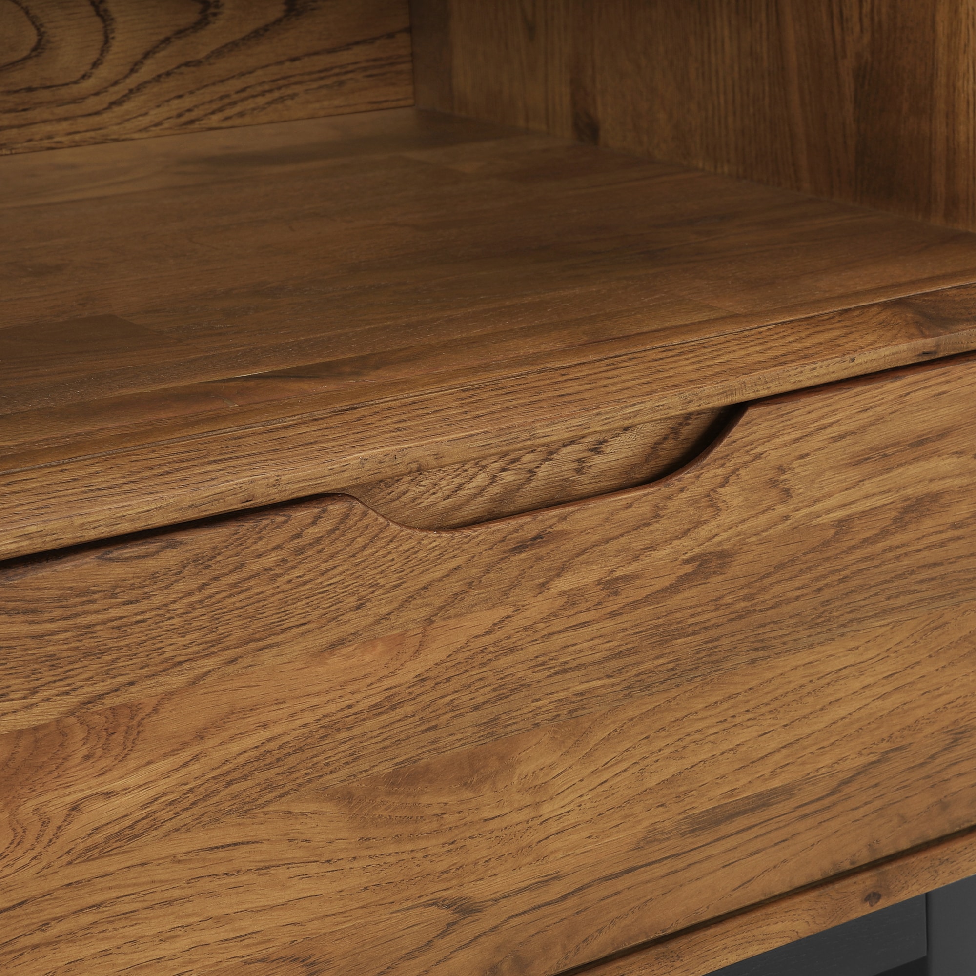 Brown Oak Wood Nightstand with Black Metal Base and Drawer