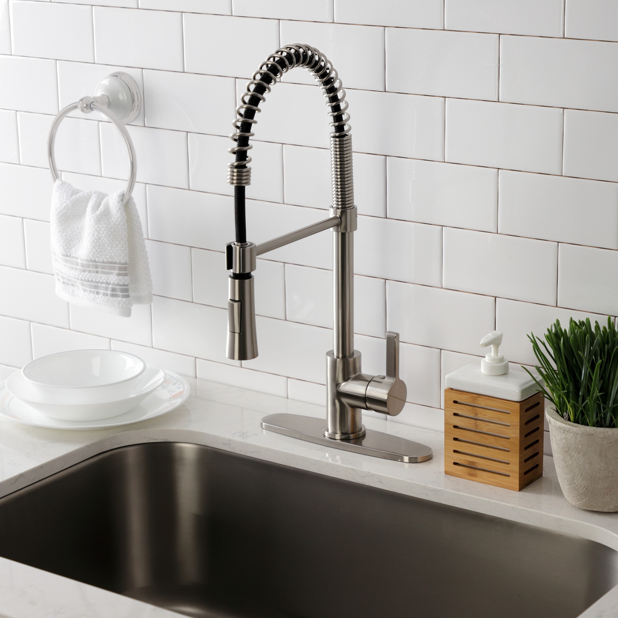 Kingston Brass WLLS8678CTL Continental Brushed nickel Single Handle Deck-mount Pre-rinse Kitchen Faucet with Sprayer ( Deck Plate Included )