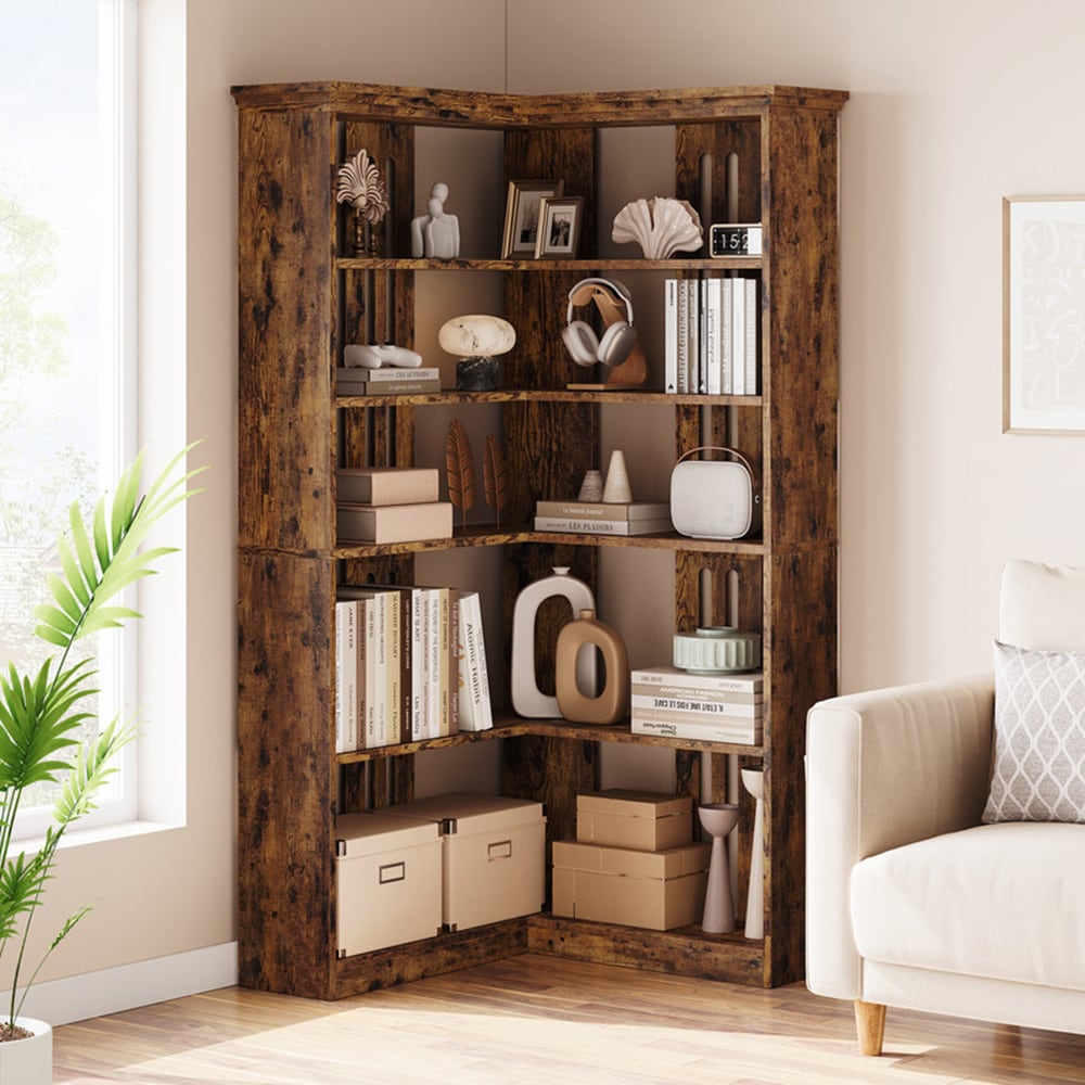 Garvee PHO-11G9D3BN Retro Brown Wood 4 -Shelf Corner Bookcase ( 10.4-in W x 72.8-in H x 10.4-in D ) Finished