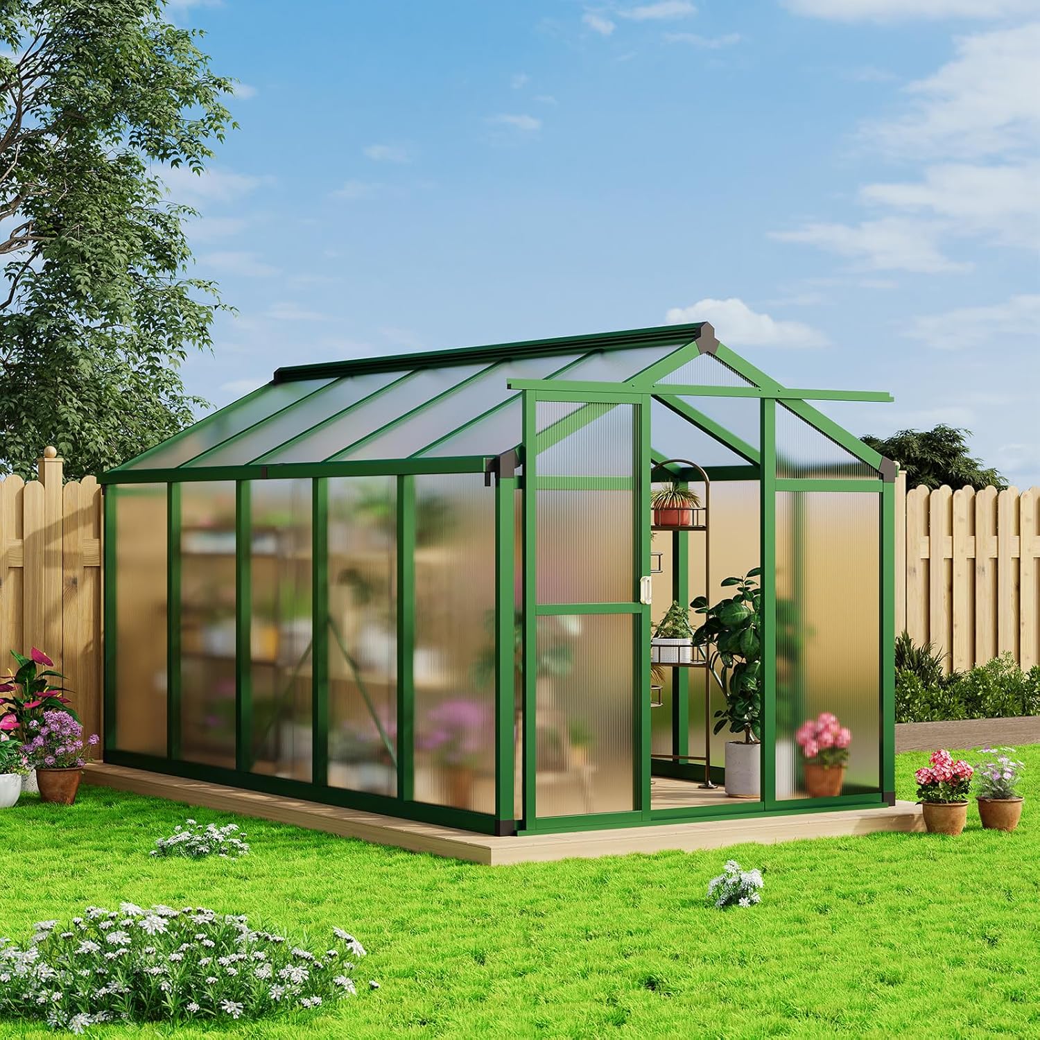 Qeetex QET-GH-WK07 6x10 FT Greenhouse for Outdoors Large Aluminum Greenhouses with Roof Vent and Quick Setup Structure Greenhouse Heavy Duty with PC Panels Walk-in Green Houses for Winter Garden Backyard Patio Lawn