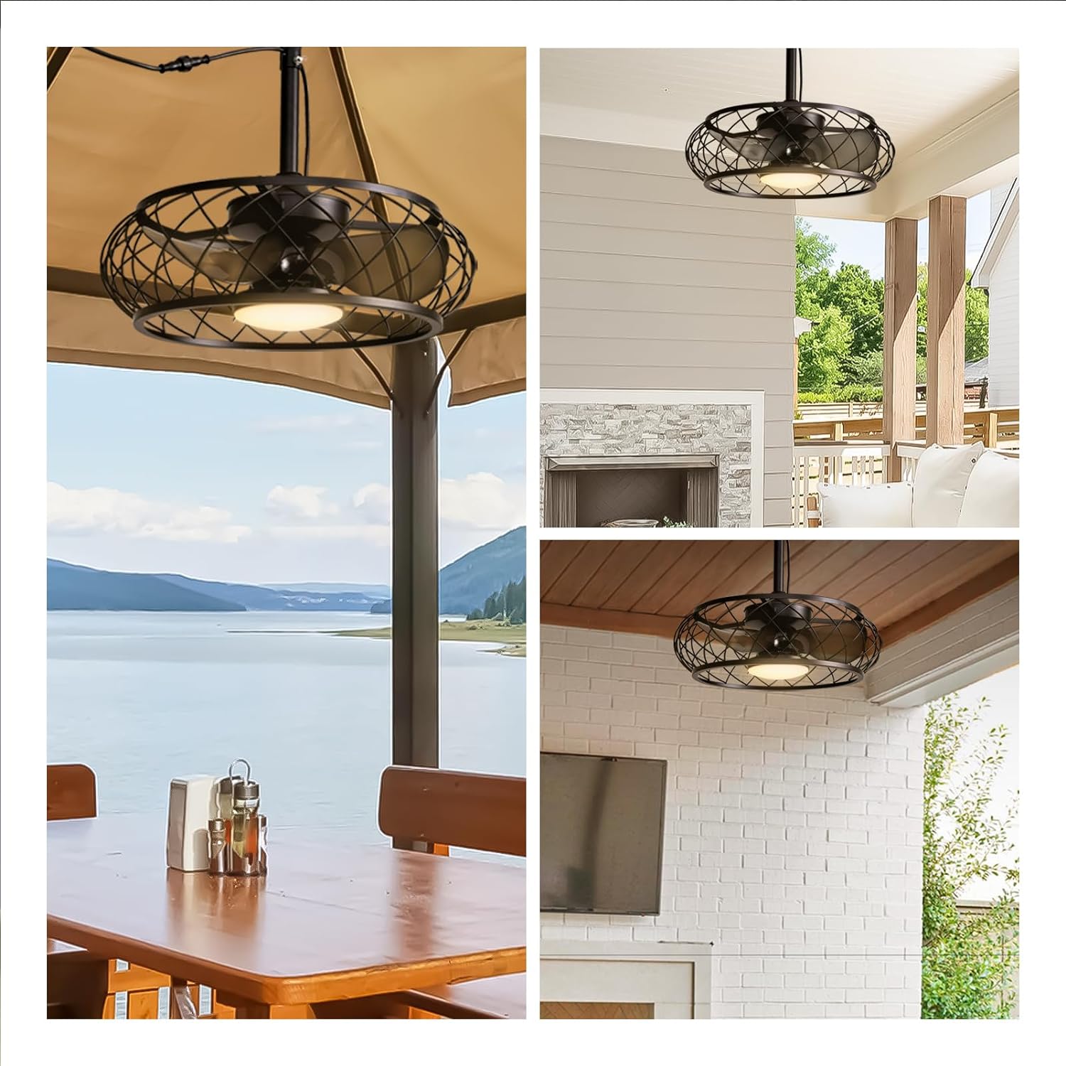 Antoine Modern Industrial Covered Outdoor 20-in Low Profile Black Cage with Black Blades Color-changing Integrated LED Indoor/Outdoor Smart Fandelier Ceiling Fan with Light and Remote (3-Blade) LSBD-44 Sansujyuku sansujyuku.com