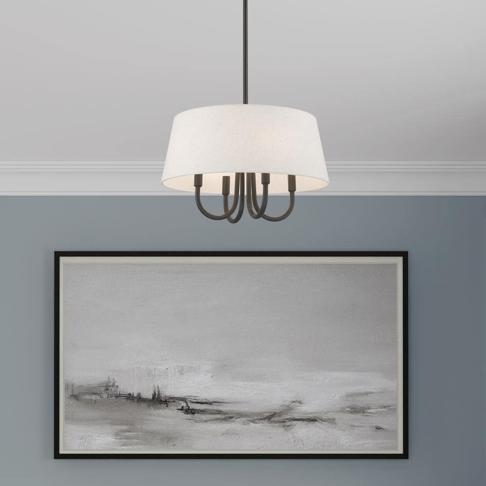 Mini English Bronze Drum Pendant with Oatmeal Fabric Shade