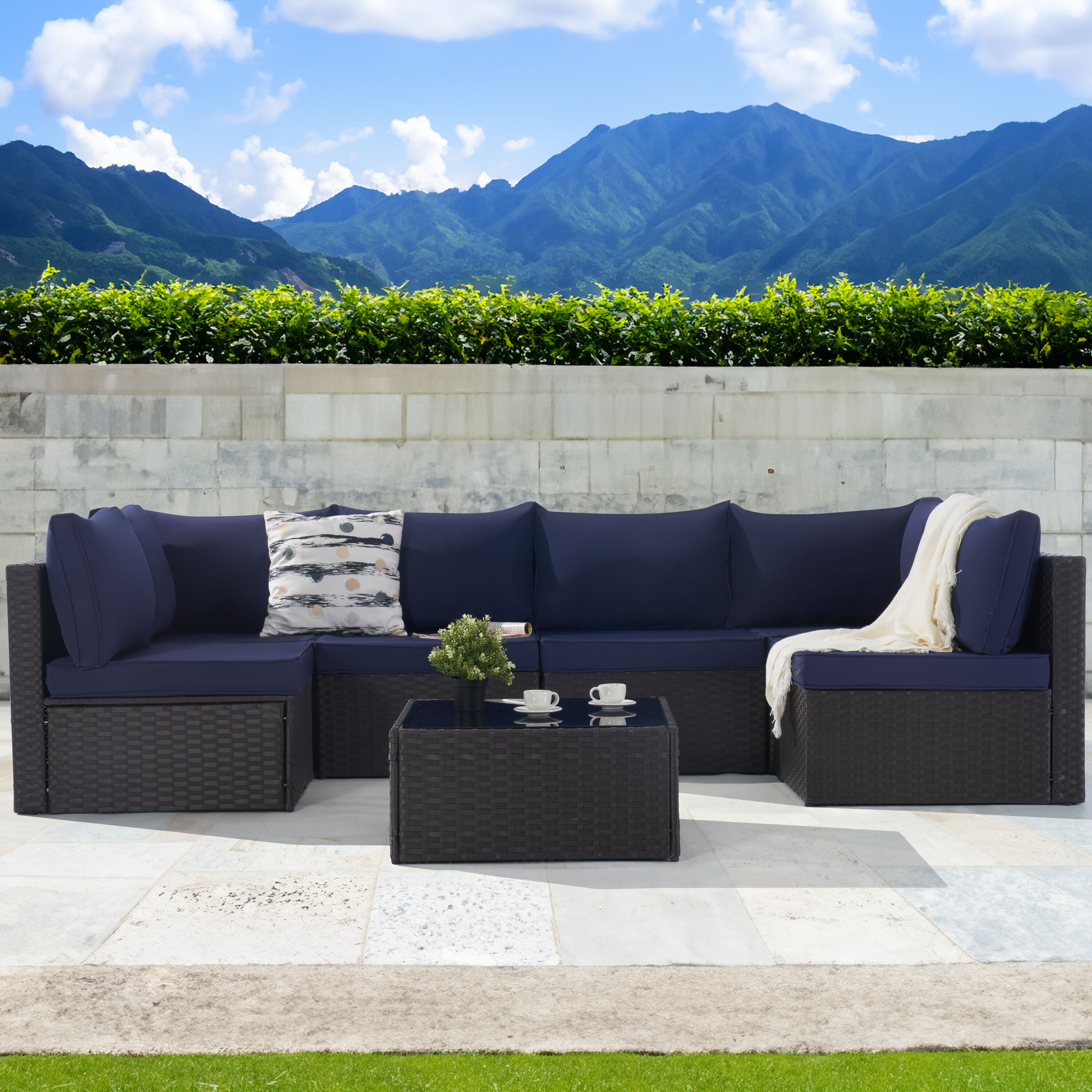 SANSTAR L-WS701-NY-V1 Patio Conversation Set 7 -Piece Wicker Patio Conversation Set with Blue Cushions