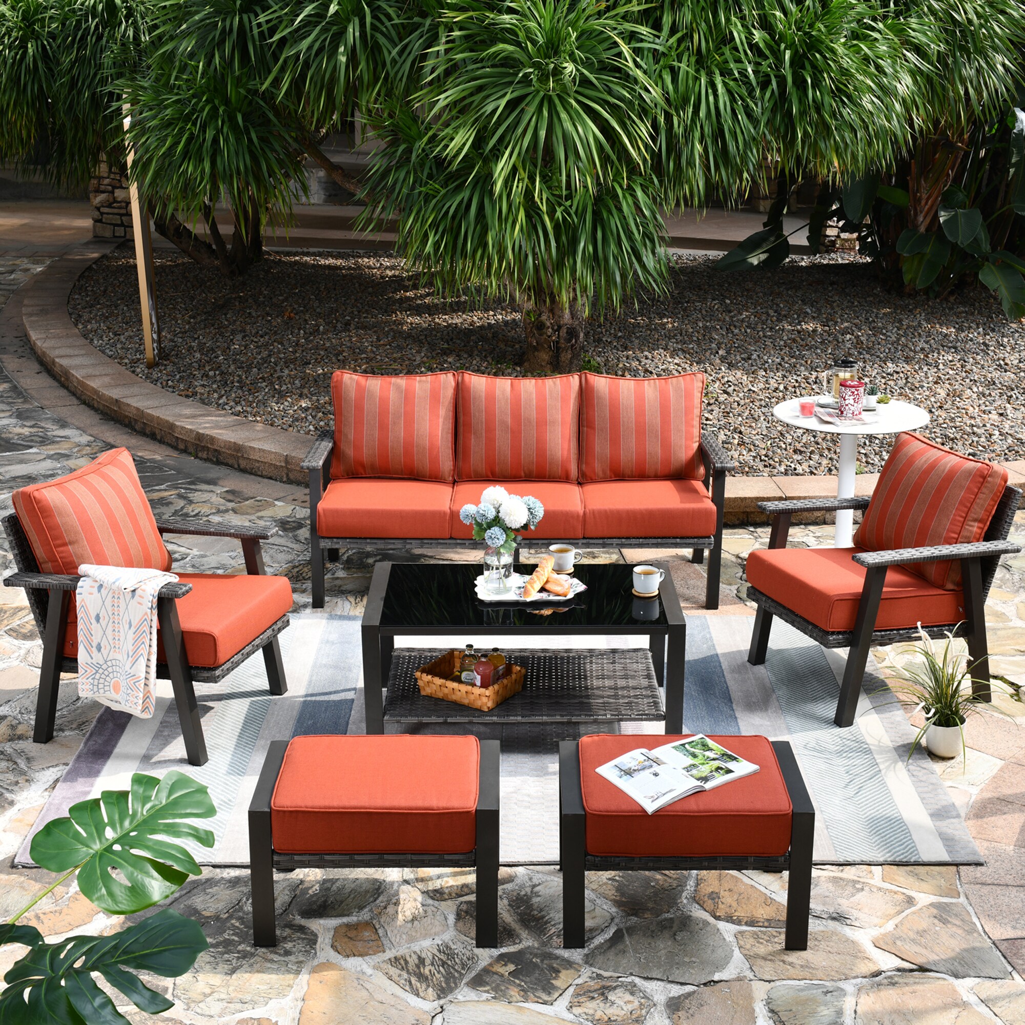 Pouuin SHW80TE06 Hw 6-Piece Rattan Patio Conversation Set with Orange Cushions