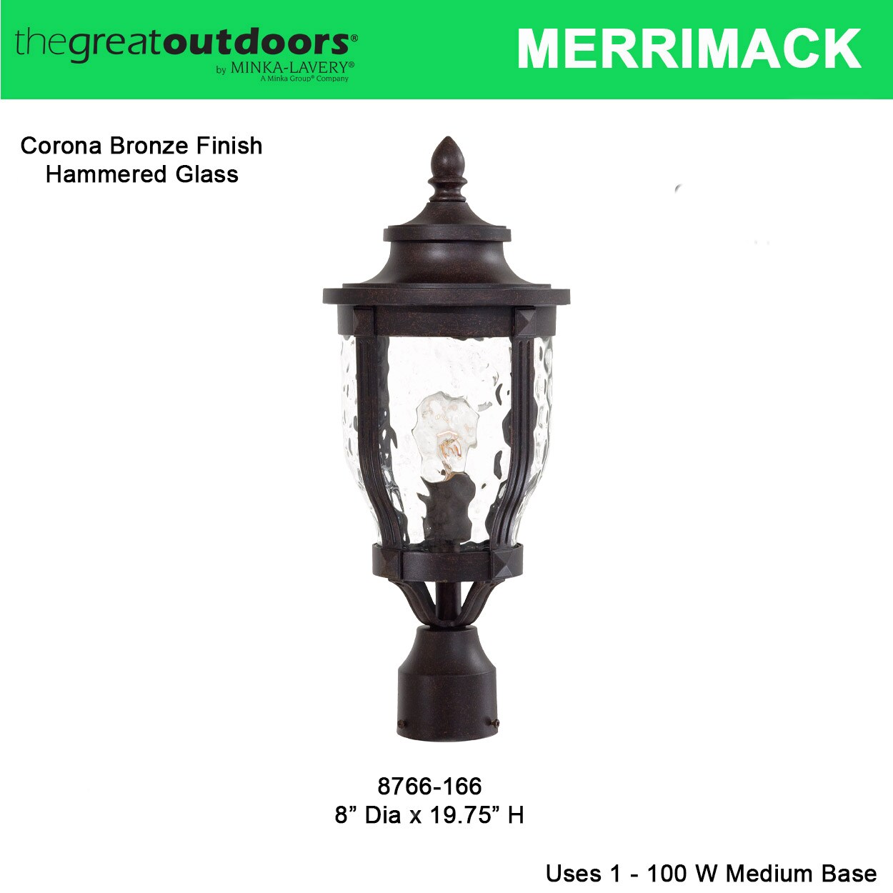 Corona Bronze Outdoor Post Light with Clear Hammered Glass